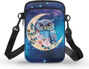 Blue Owl Moon Floral Print Crossbody Bag, Small Sling Bag Detachable Cross Body Bag Sport Wallet Purse Case for Little Girls Boys Kids