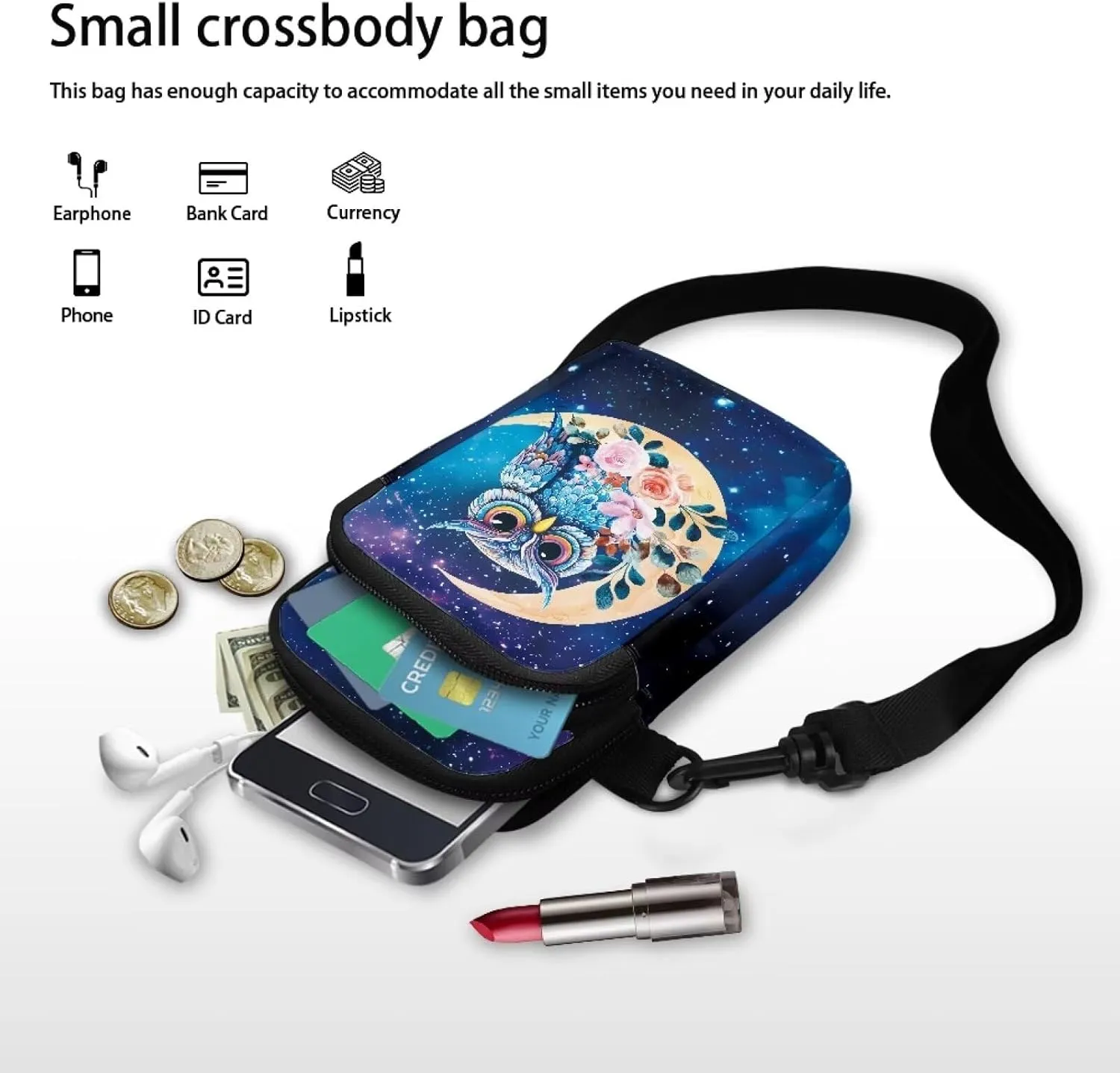 Blue Owl Moon Floral Print Crossbody Bag, Small Sling Bag Detachable Cross Body Bag Sport Wallet Purse Case for Little Girls Boys Kids