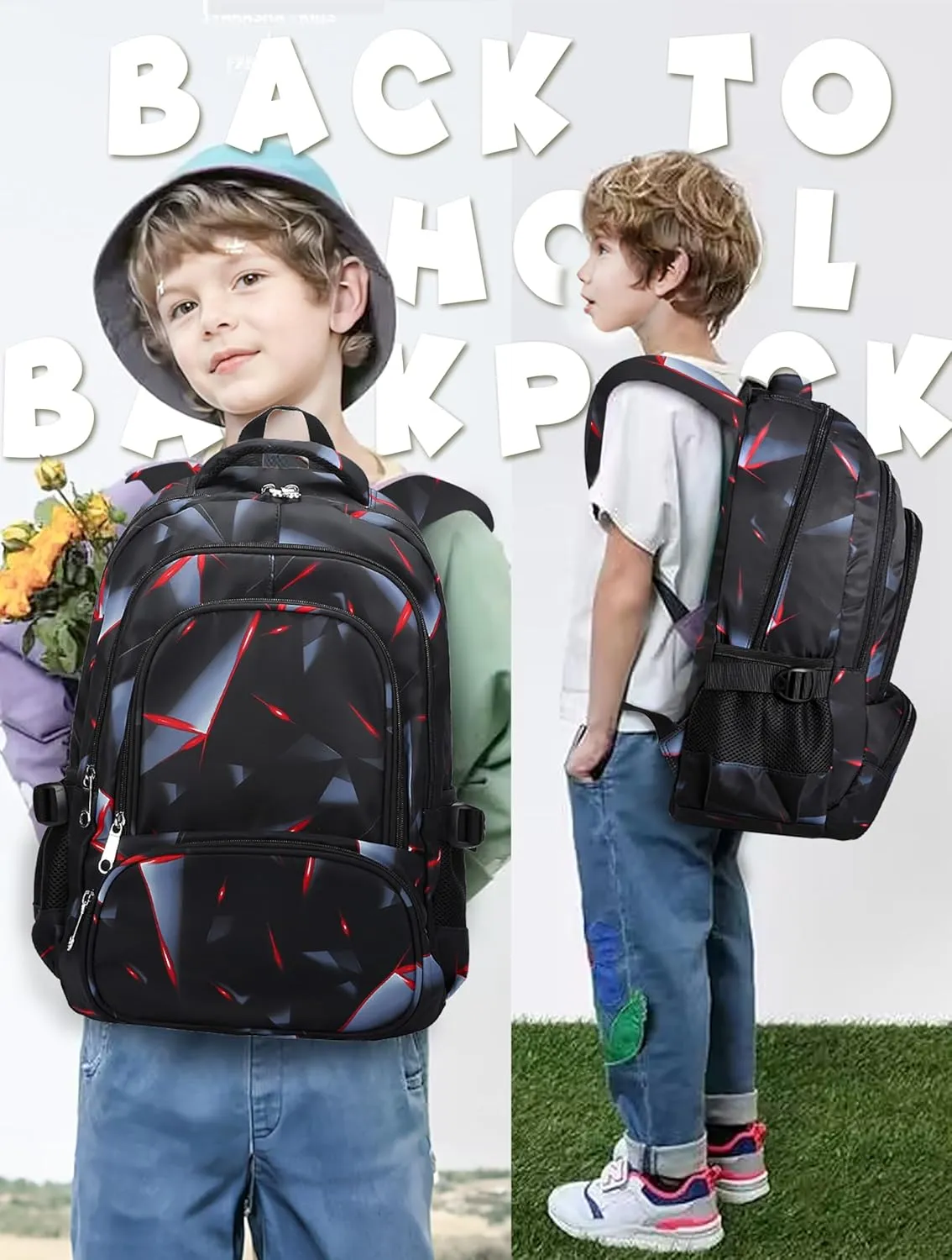 BLUEFAIRY Kids Backpack for Boys Elementary Primary School Bags for Childs Black Bagpack Book Bag Back to School Gifts for Son Mochilas Escolares para Niños 17" Large Compartment Black/Red