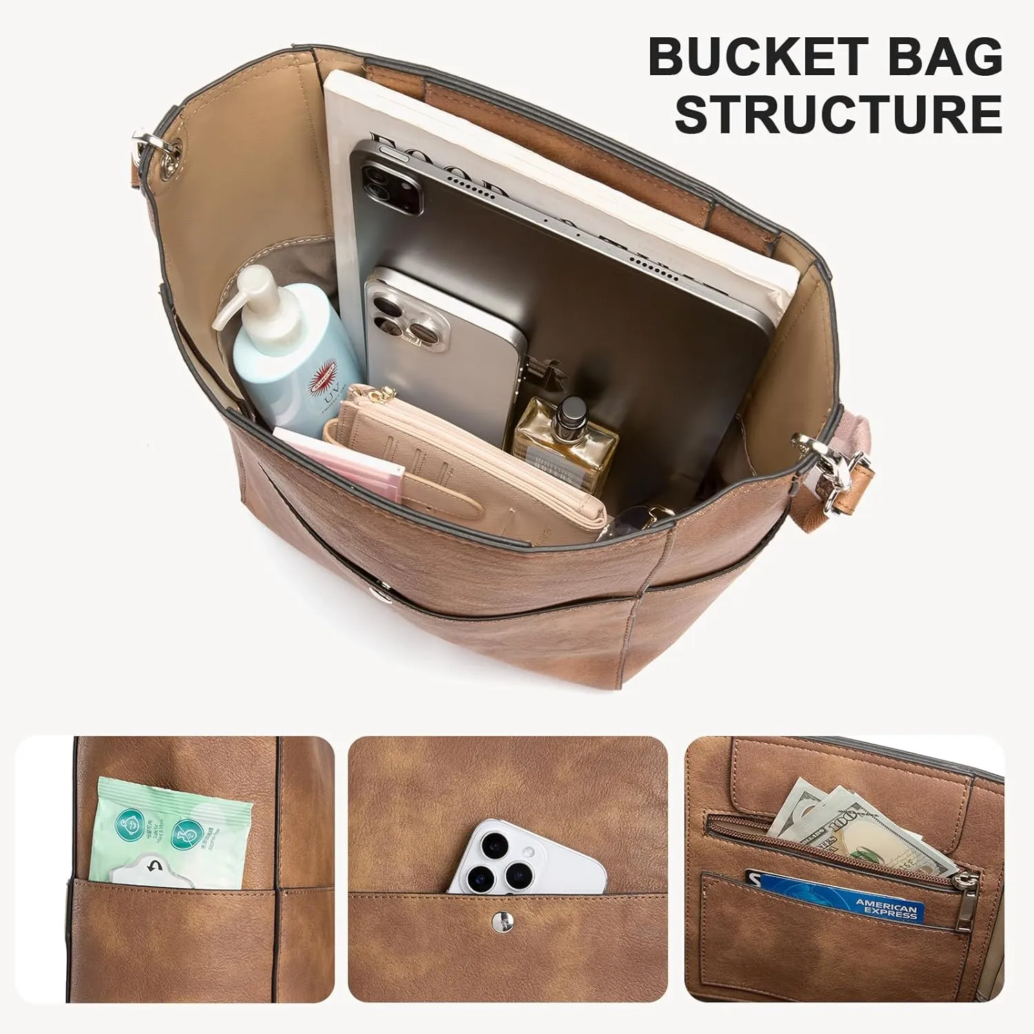 BOSTANTEN Leather Bucket Bag for Women Designer Handbags Hobo Tote Shoulder Purses