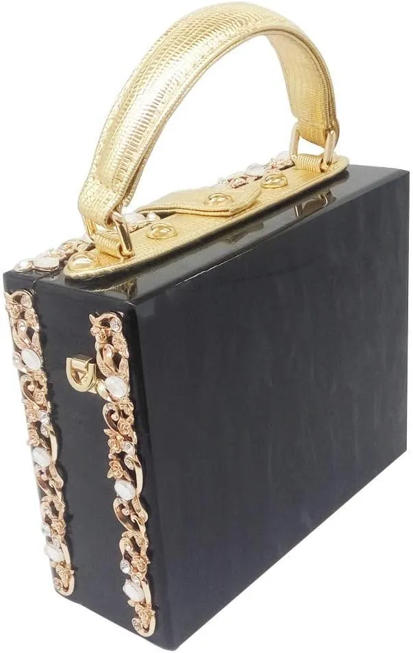 Boutique De FGG Acrylic & Flower Designer Shoulder Bags for Women Crossbody Bag Rhinestones Box Tote Evening Handbags,Small