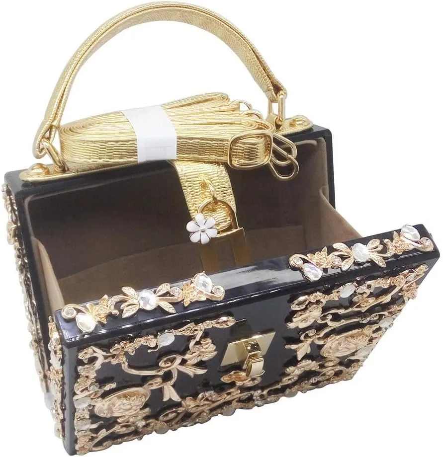 Boutique De FGG Acrylic & Flower Designer Shoulder Bags for Women Crossbody Bag Rhinestones Box Tote Evening Handbags,Small