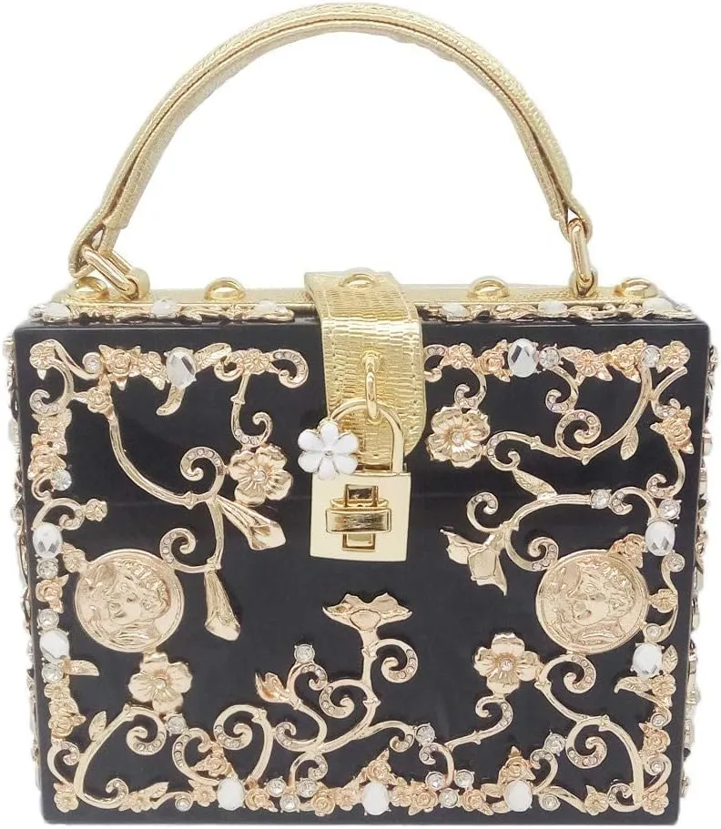 Boutique De FGG Acrylic & Flower Designer Shoulder Bags for Women Crossbody Bag Rhinestones Box Tote Evening Handbags,Small