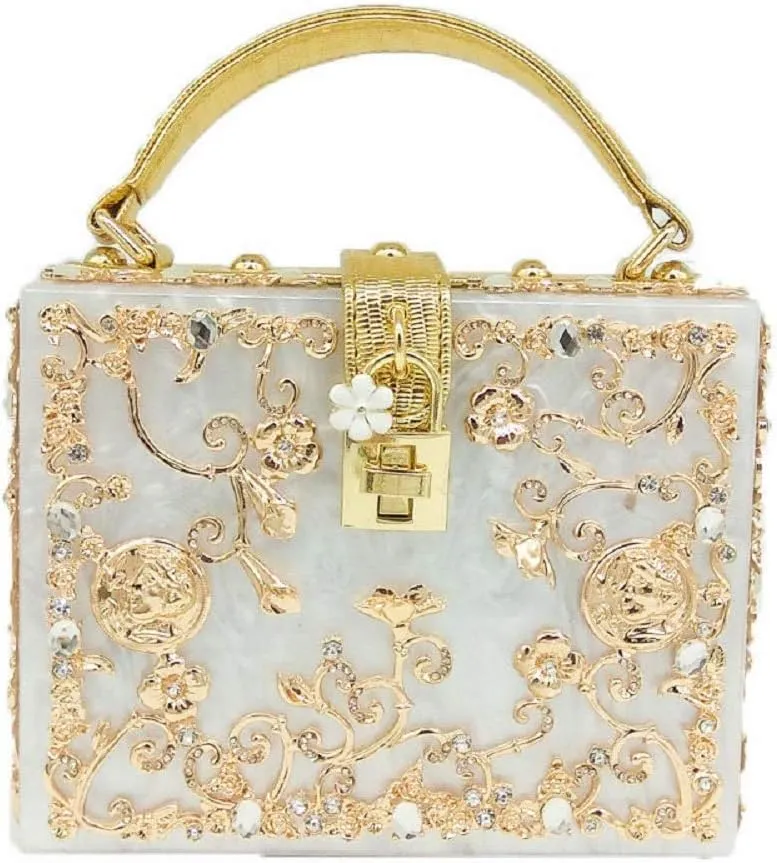 Boutique De FGG Acrylic & Flower Designer Shoulder Bags for Women Crossbody Bag Rhinestones Box Tote Evening Handbags,Small