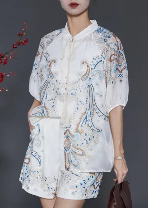 Boutique White Tasseled Print Ice Silk Two Pieces Set Summer SD1044