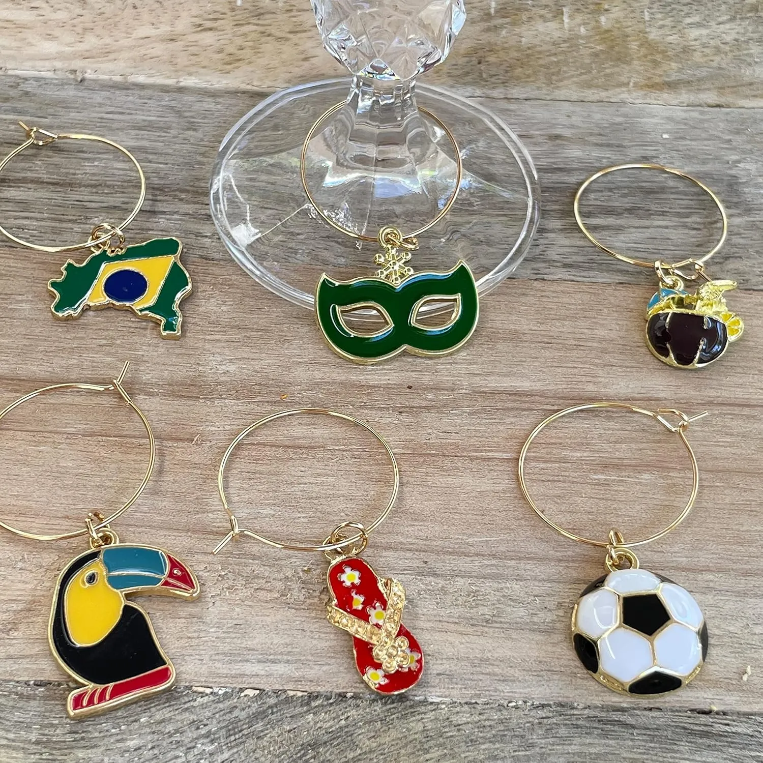 Brazil Wine Glass Charms, Brazil World Cup Decoration, Gift for Brazilians, Country Flag, Soccer, Rio Carnival, Beach and Toucan