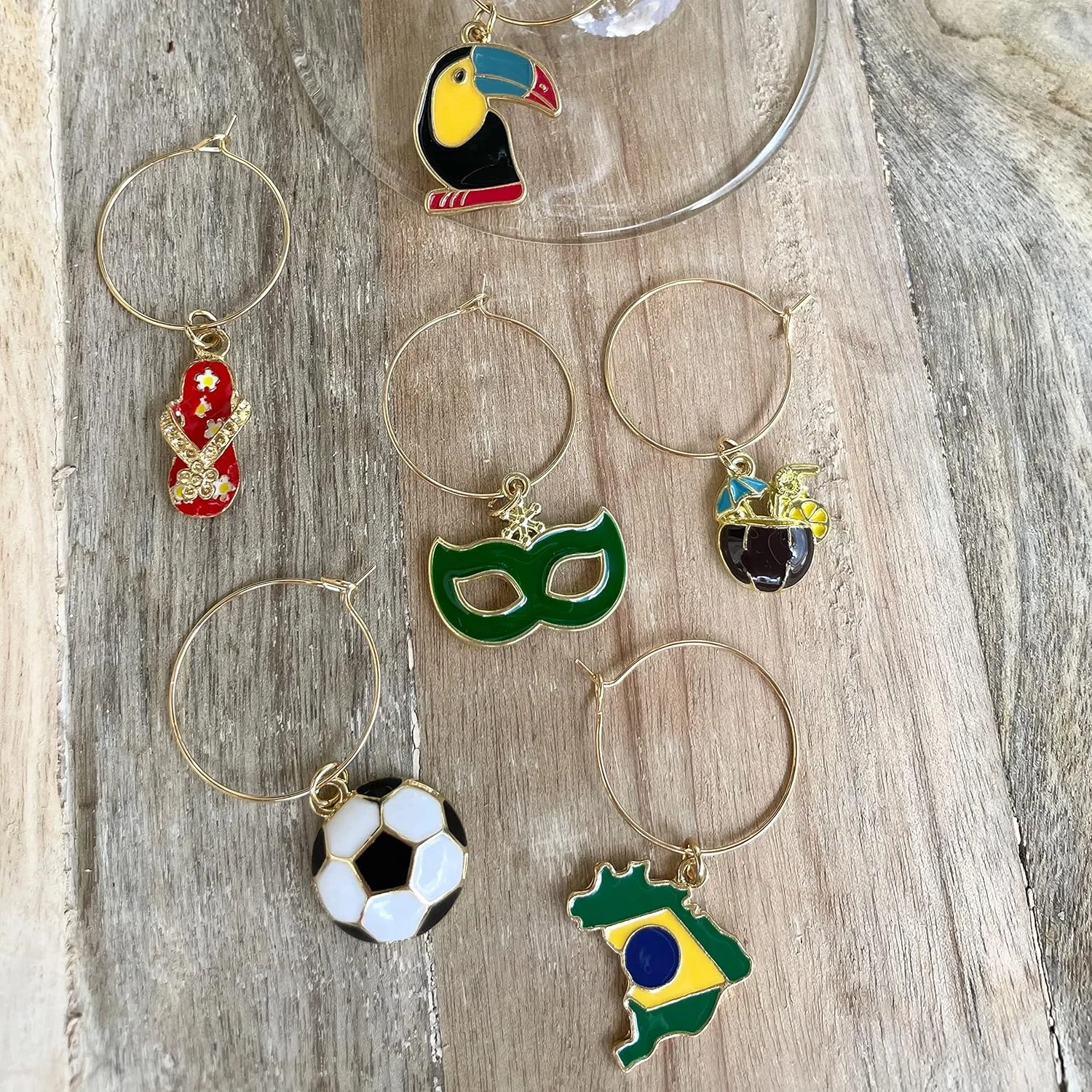 Brazil Wine Glass Charms, Brazil World Cup Decoration, Gift for Brazilians, Country Flag, Soccer, Rio Carnival, Beach and Toucan