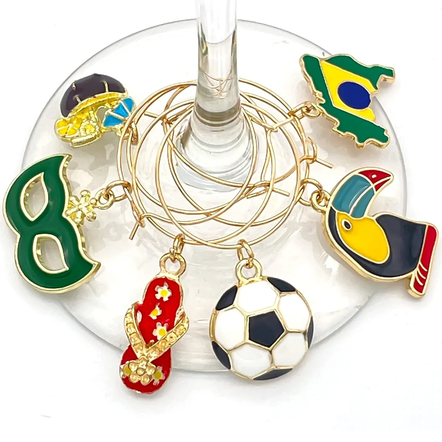 Brazil Wine Glass Charms, Brazil World Cup Decoration, Gift for Brazilians, Country Flag, Soccer, Rio Carnival, Beach and Toucan