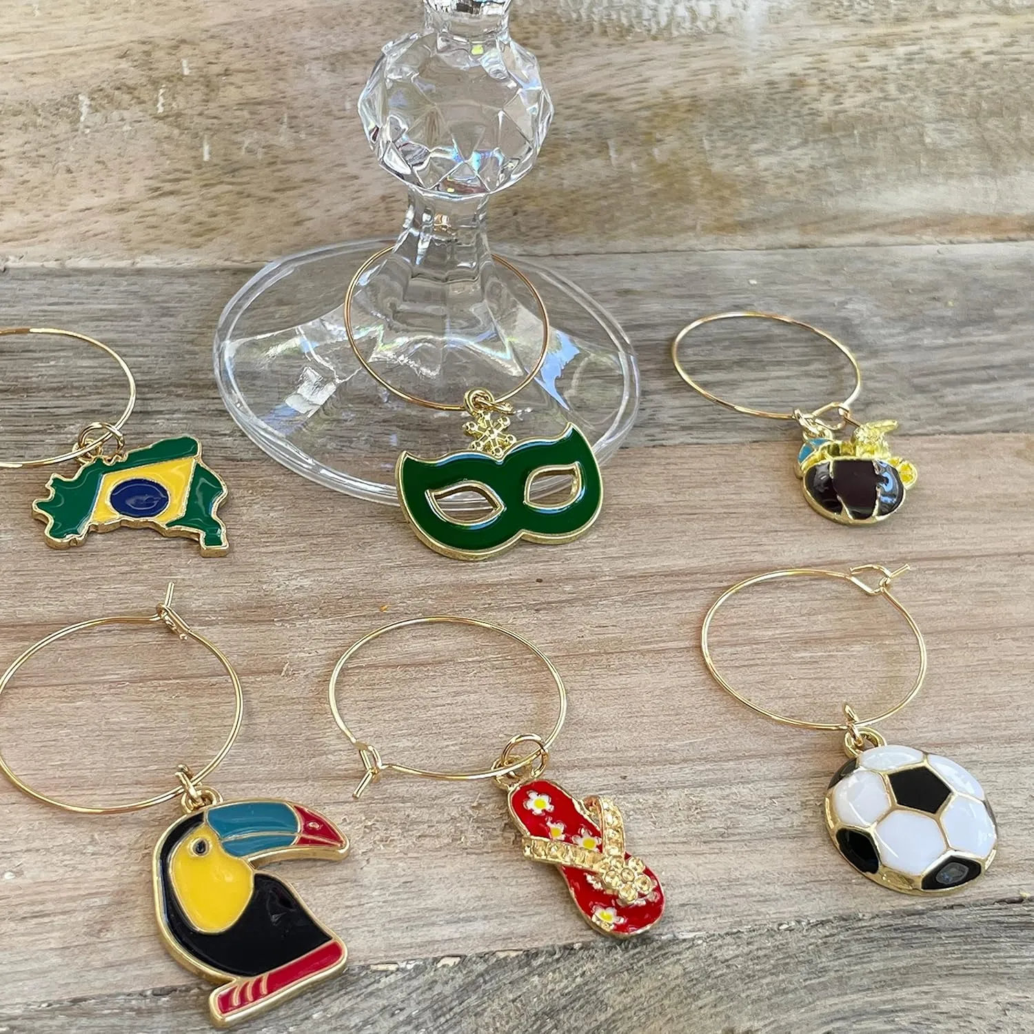 Brazil Wine Glass Charms, Brazil World Cup Decoration, Gift for Brazilians, Country Flag, Soccer, Rio Carnival, Beach and Toucan