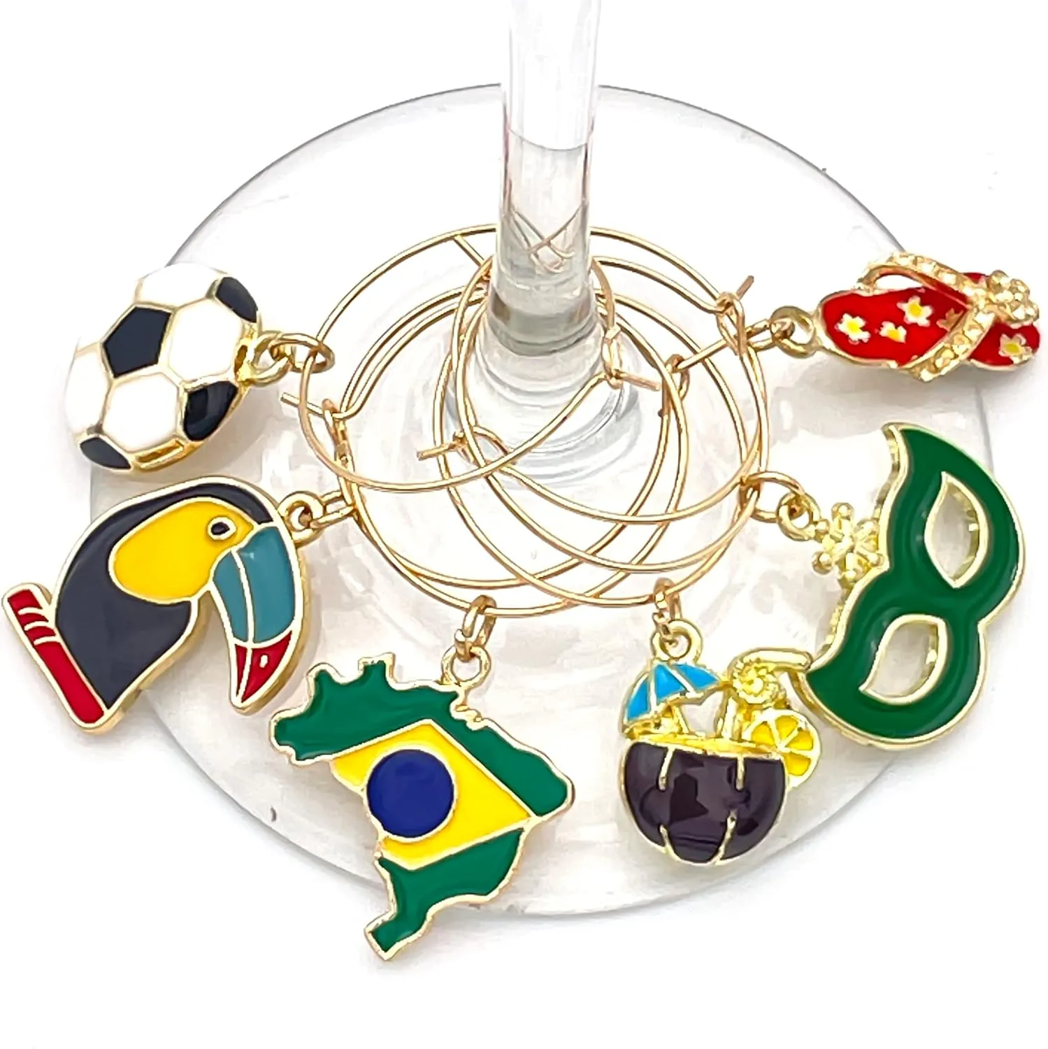 Brazil Wine Glass Charms, Brazil World Cup Decoration, Gift for Brazilians, Country Flag, Soccer, Rio Carnival, Beach and Toucan