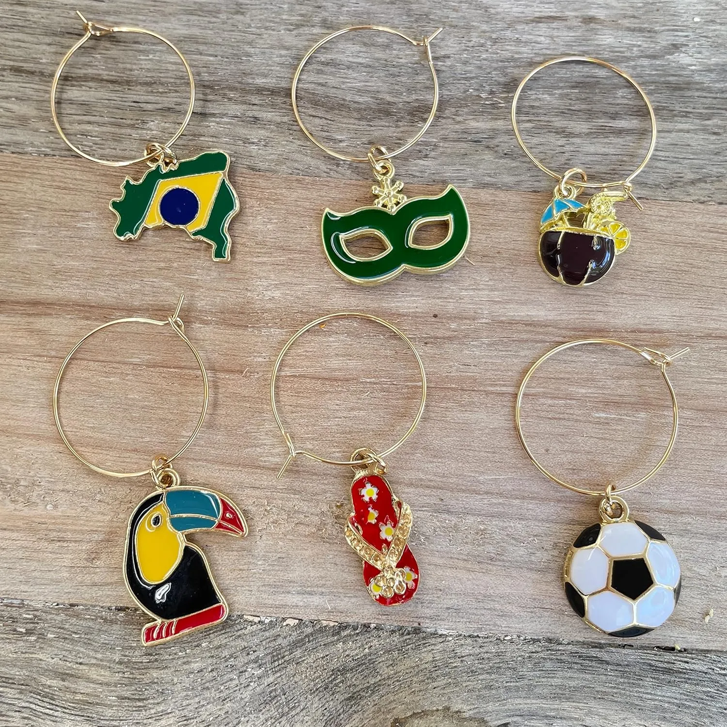 Brazil Wine Glass Charms, Brazil World Cup Decoration, Gift for Brazilians, Country Flag, Soccer, Rio Carnival, Beach and Toucan