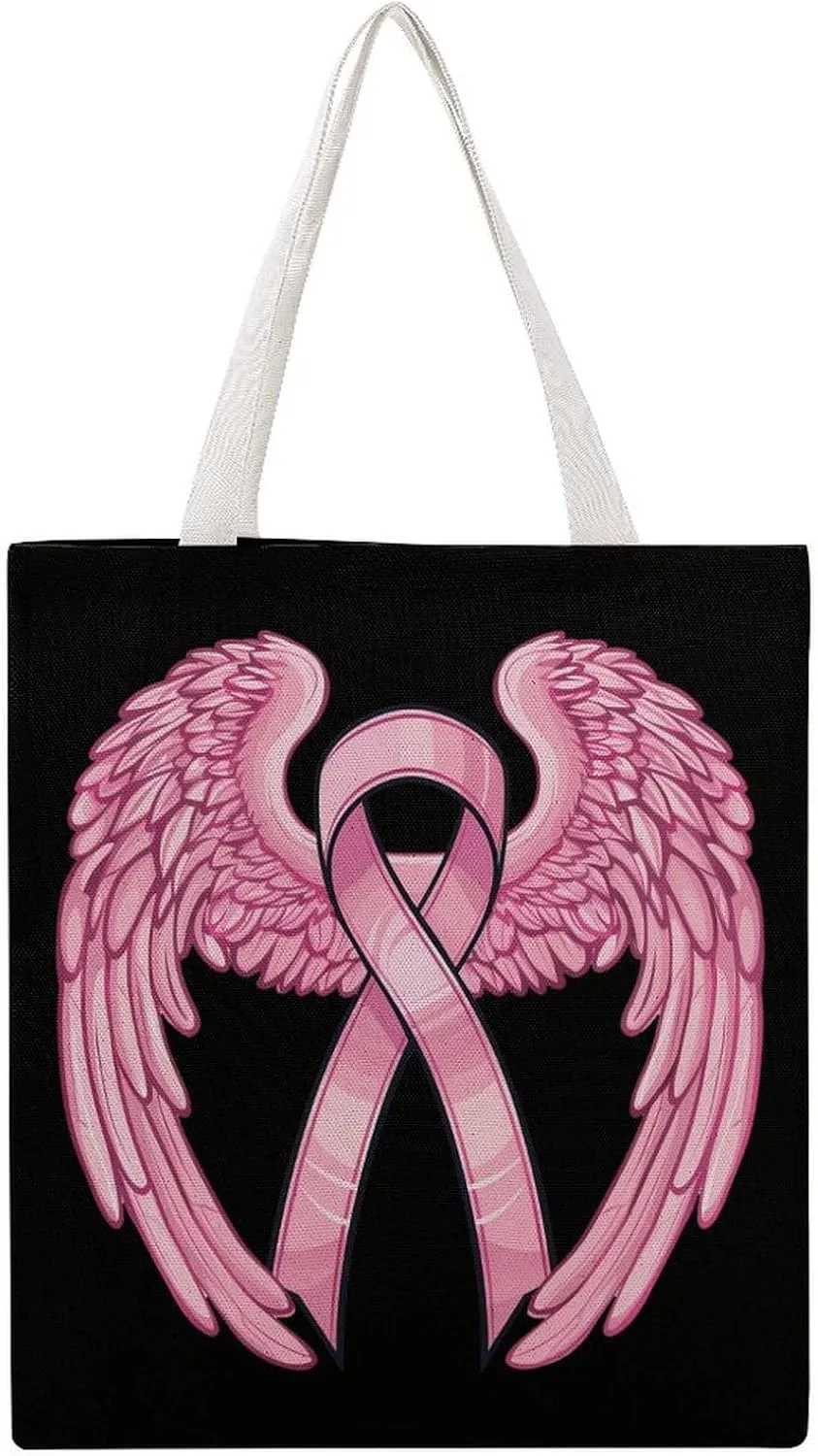 Breast Cancer Awareness Ribbon Canvas Tote Bags Portable Shopping Grocery Bag Shoulder Handbag with Handles