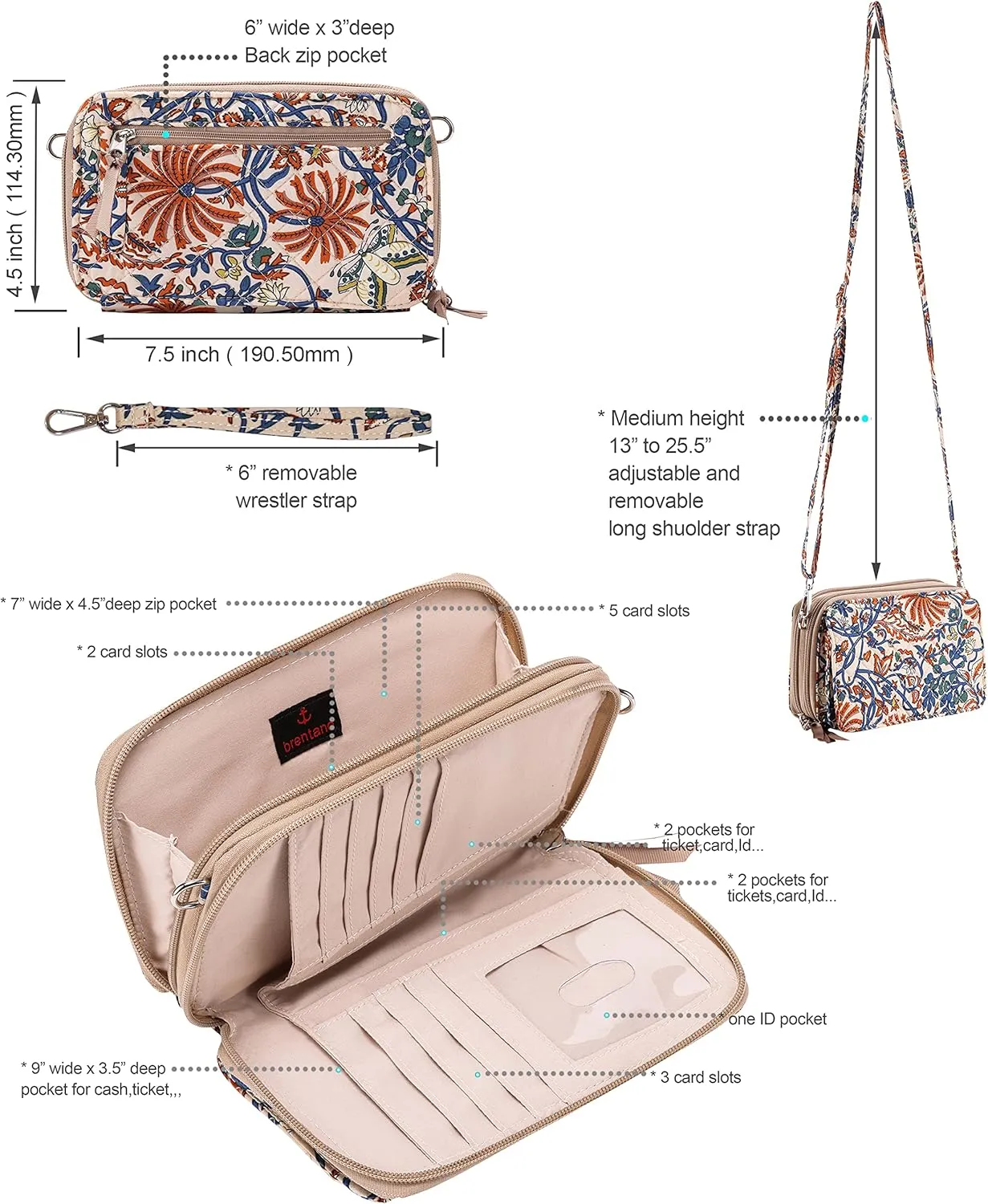 Brentano Cotton quilted double-zipper crossbody wallet purse and clutch