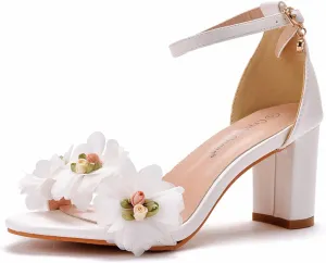 Bride Block Heel Wedding Shoes,Lace Wedding Bride Heels Shoes,7CM Women's Open Toe Chunky Heel Heels Prom Party Dress Shoes Sandals