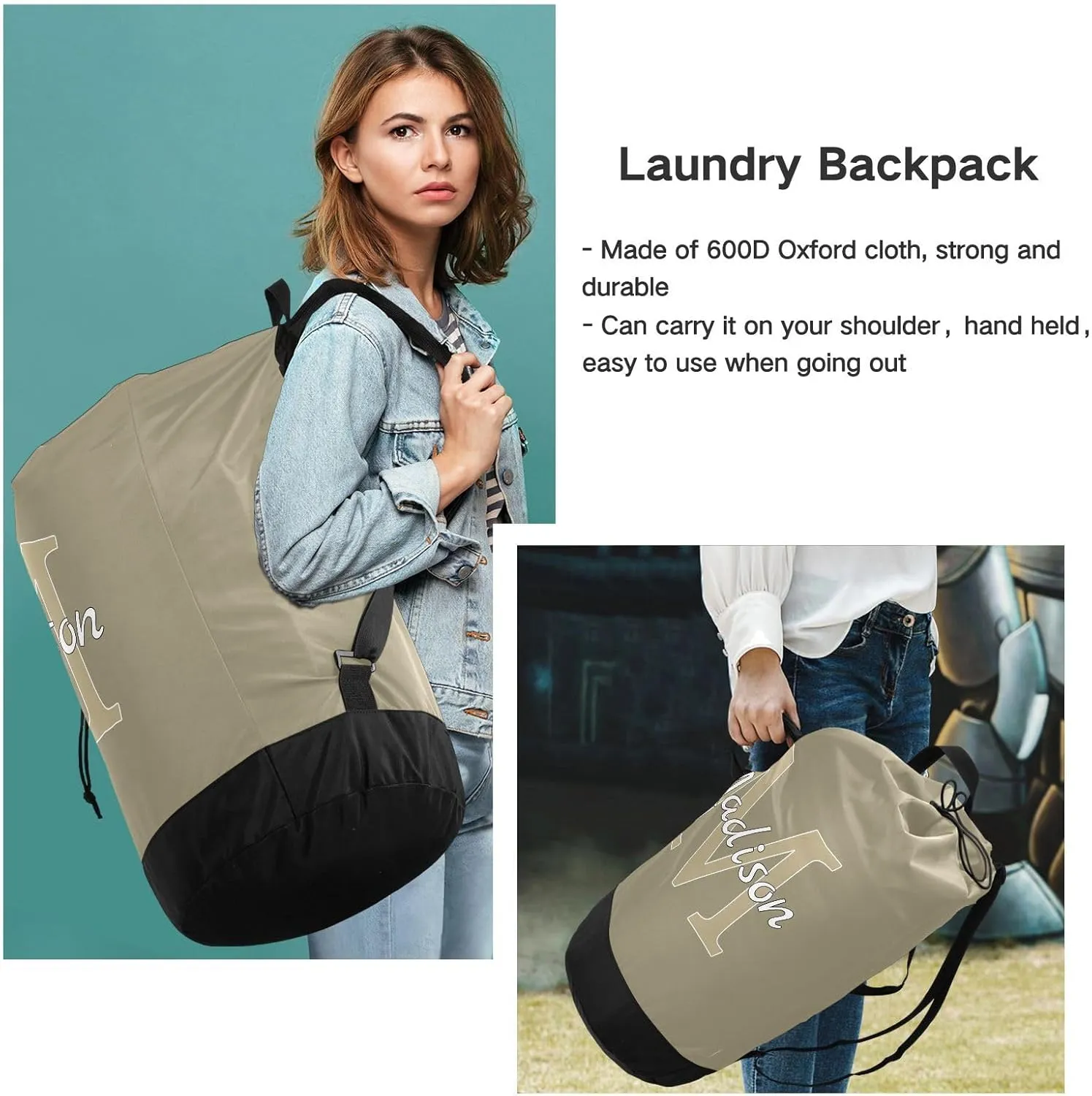 Brown Gray Personalized Nylon Travel Laundry Bag for Luggage Custom Dirty Clothes Organizer with Drawstring Closure & Shoulder Straps Laundry Hamper Liner for Apartment College Dorm Factories