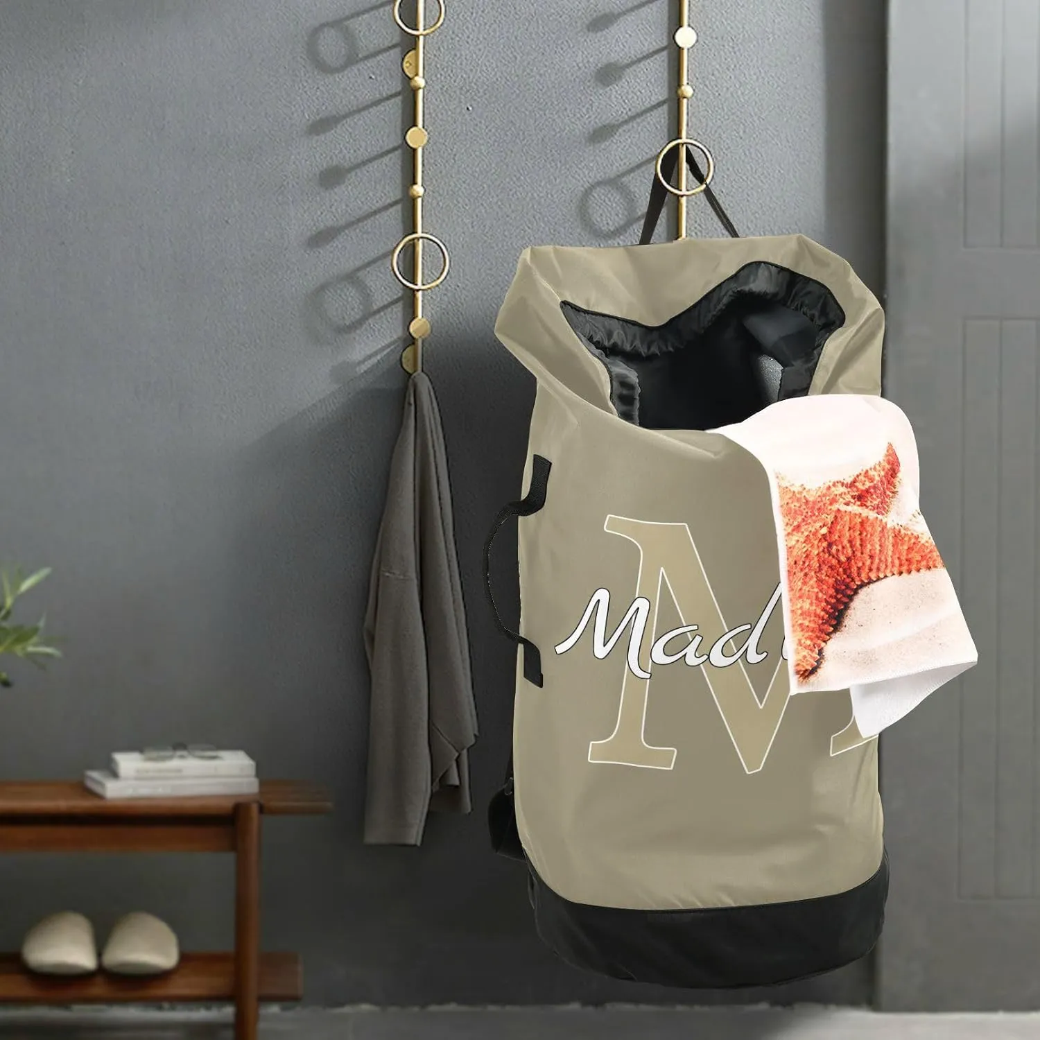 Brown Gray Personalized Nylon Travel Laundry Bag for Luggage Custom Dirty Clothes Organizer with Drawstring Closure & Shoulder Straps Laundry Hamper Liner for Apartment College Dorm Factories
