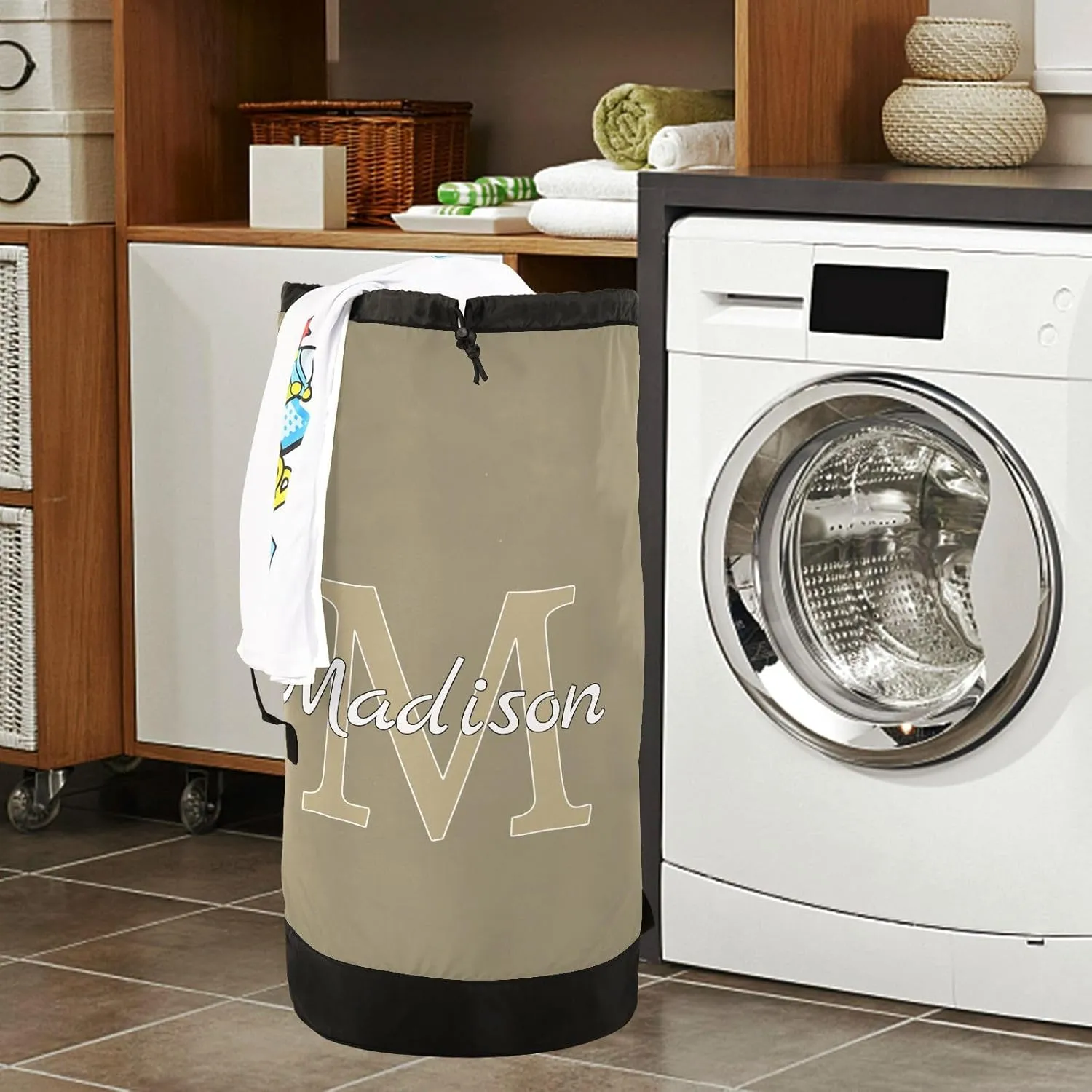 Brown Gray Personalized Nylon Travel Laundry Bag for Luggage Custom Dirty Clothes Organizer with Drawstring Closure & Shoulder Straps Laundry Hamper Liner for Apartment College Dorm Factories