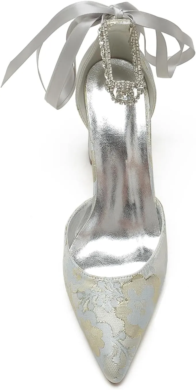 Buckle Pearl Bridal Silk Wedding Shoes Women Satin Pointed Toe Pumps High Heel Prom Shoes