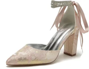 Buckle Pearl Bridal Silk Wedding Shoes Women Satin Pointed Toe Pumps High Heel Prom Shoes