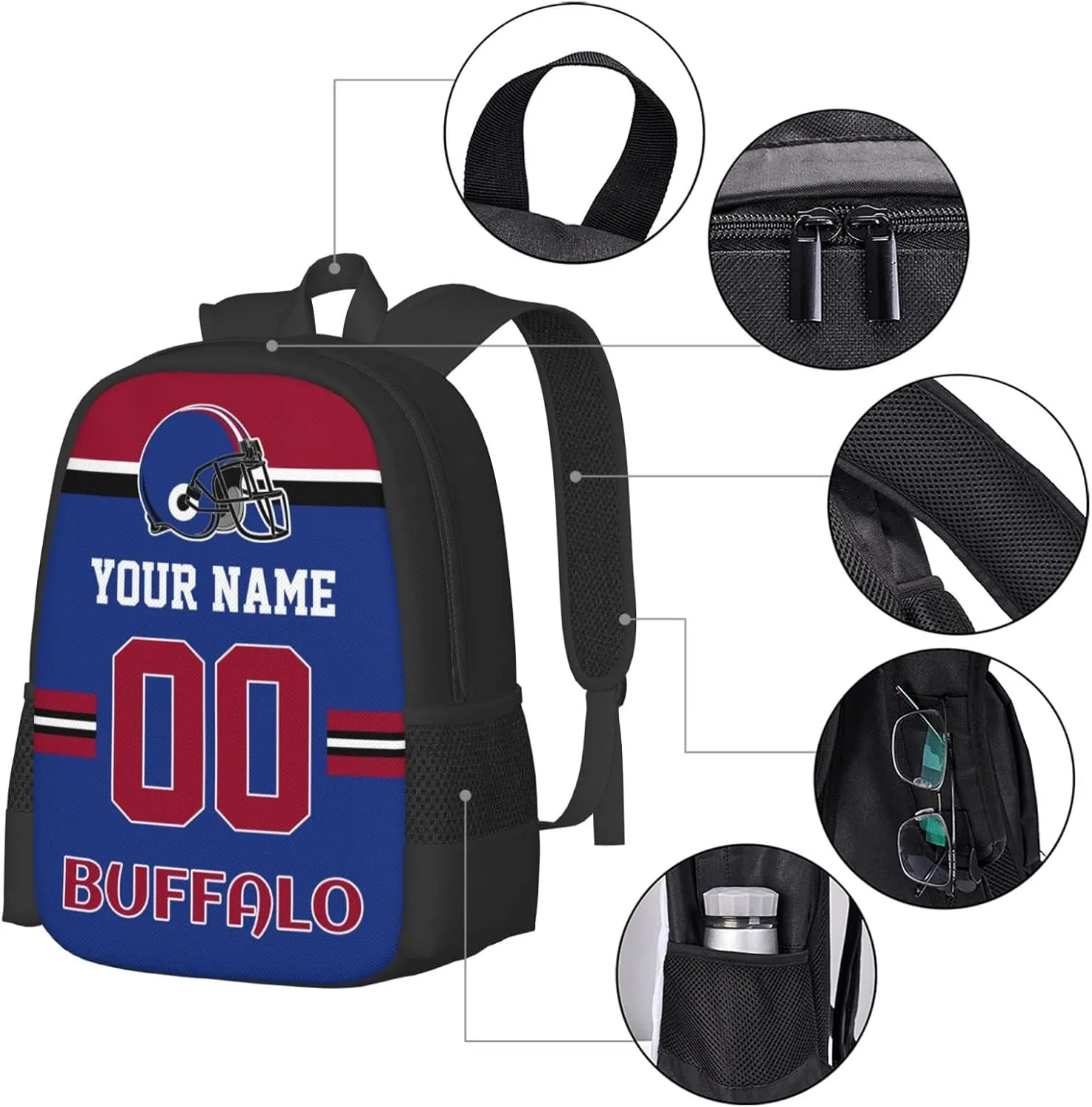 Buffalo Backpack Custom Football Style Backpack Personalized Name and Number Backpacks Customized High Capacity Bag Gifts for Men Women Fans