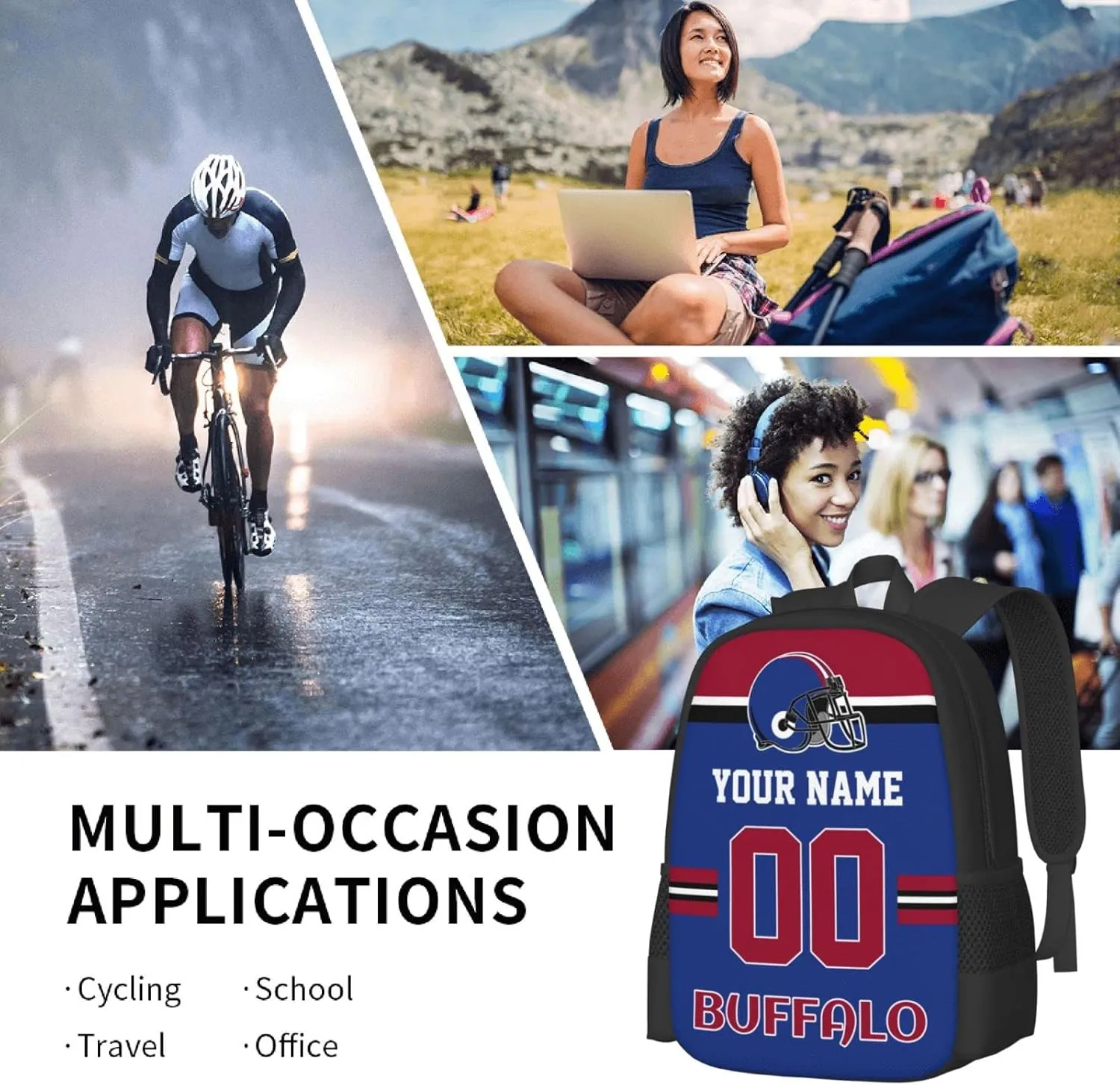 Buffalo Backpack Custom Football Style Backpack Personalized Name and Number Backpacks Customized High Capacity Bag Gifts for Men Women Fans