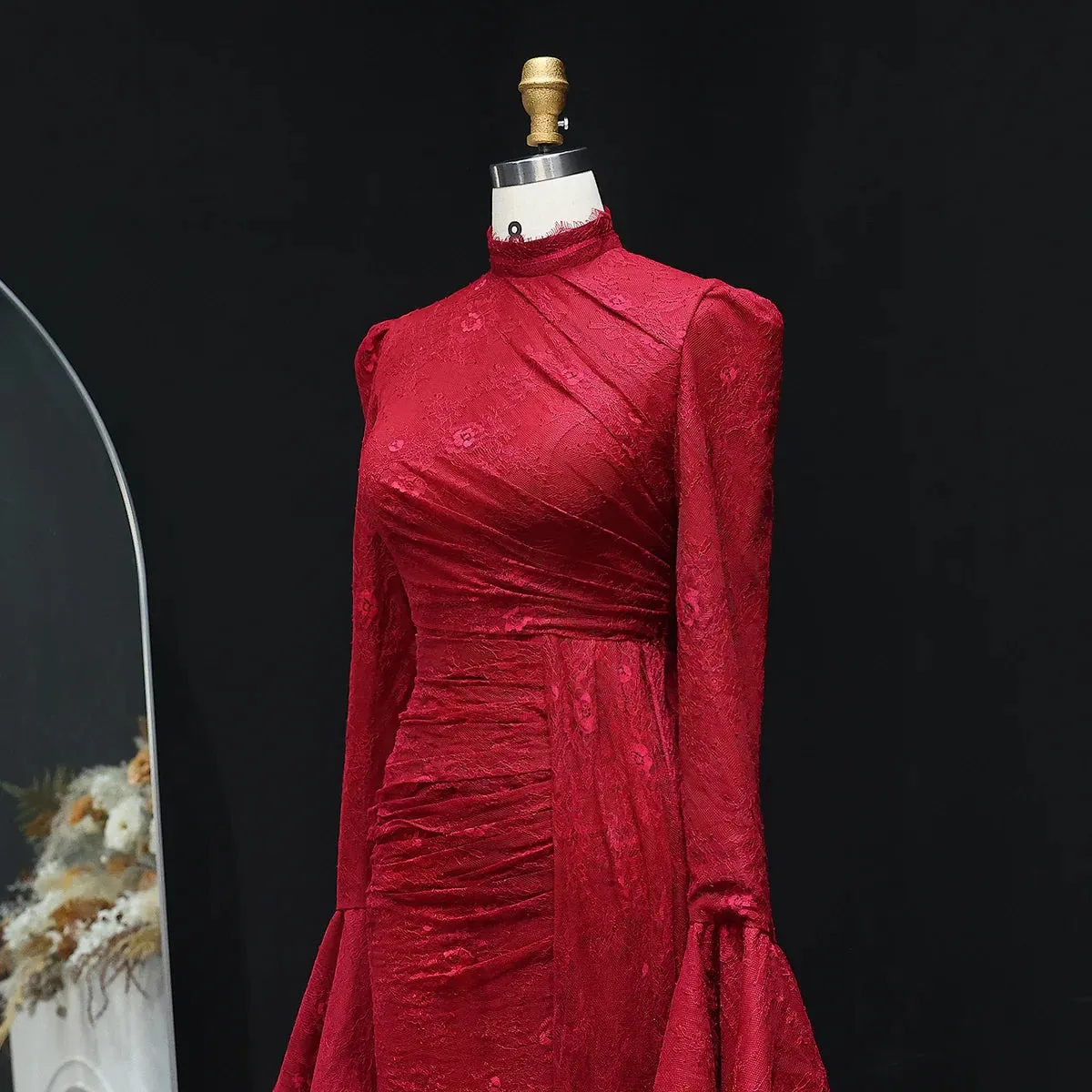 Burgundy Evening Dress with High Neck and Lace Long Flare Sleeves  SF484