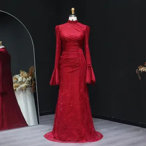 Burgundy Evening Dress with High Neck and Lace Long Flare Sleeves  SF484