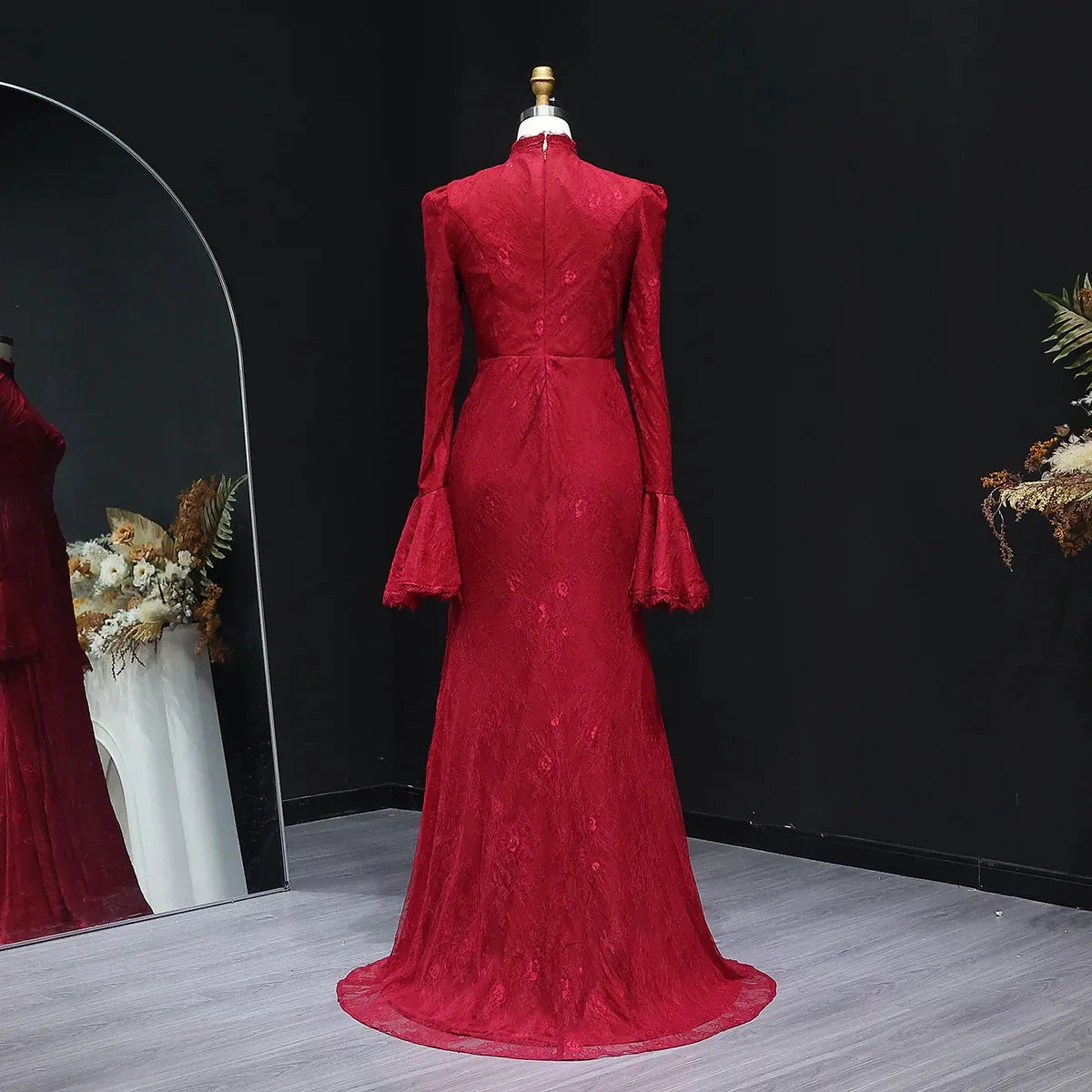 Burgundy Evening Dress with High Neck and Lace Long Flare Sleeves  SF484