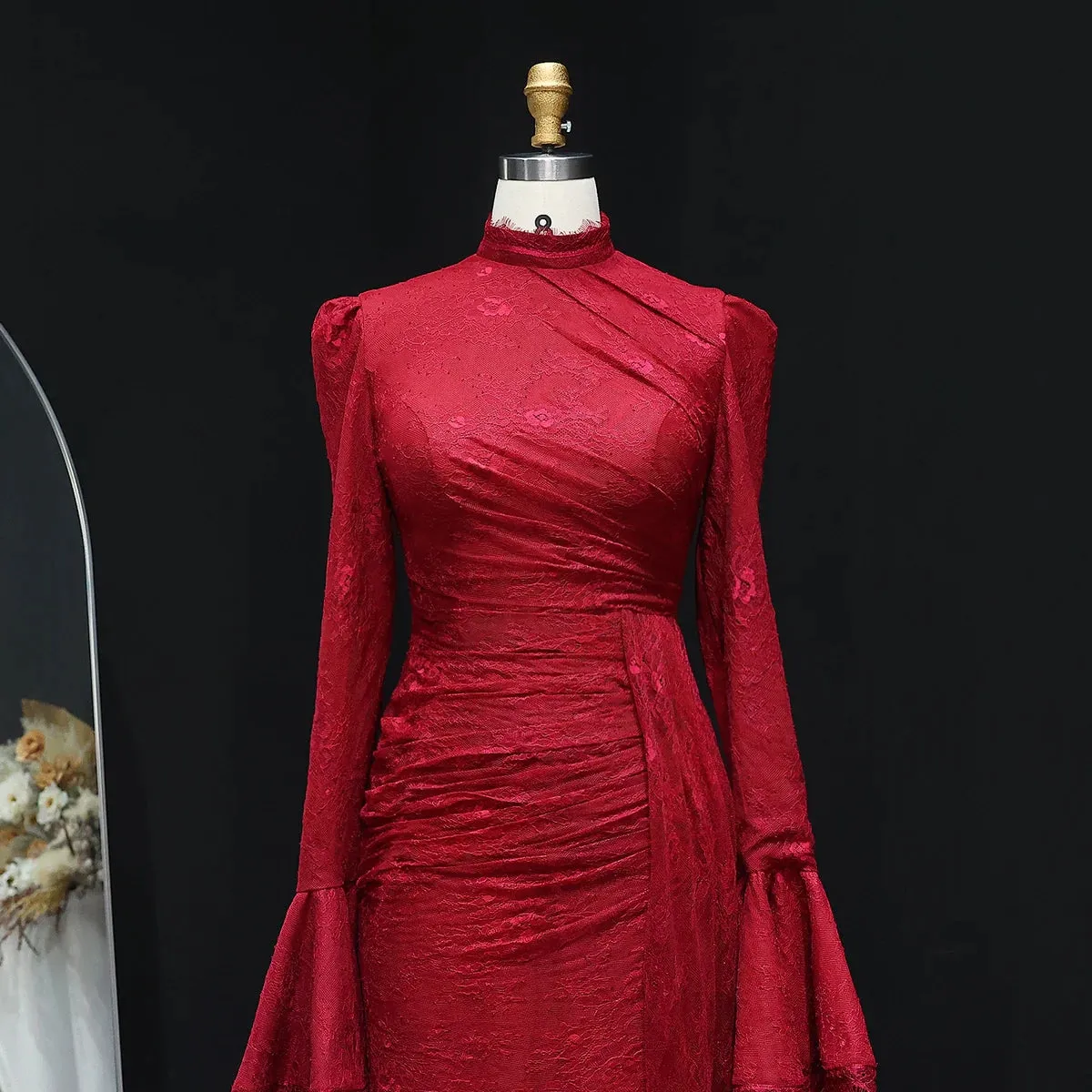 Burgundy Evening Dress with High Neck and Lace Long Flare Sleeves  SF484