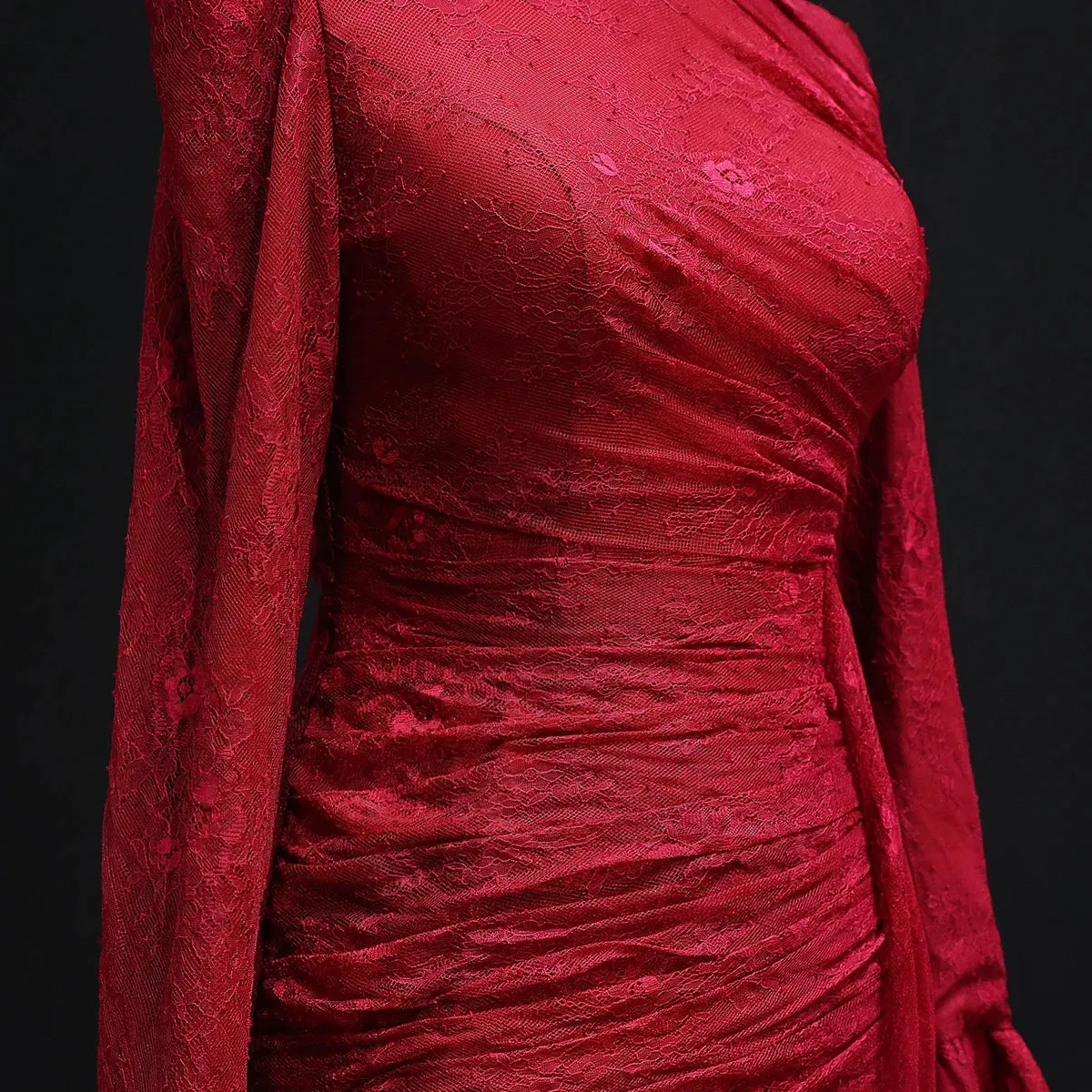 Burgundy Evening Dress with High Neck and Lace Long Flare Sleeves  SF484
