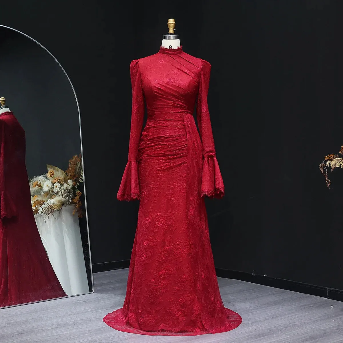 Burgundy Evening Dress with High Neck and Lace Long Flare Sleeves  SF484