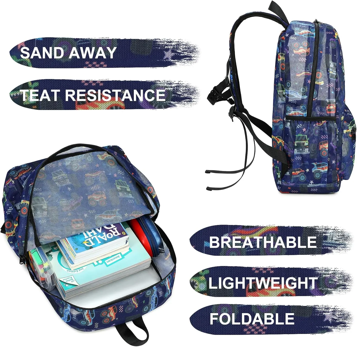 CAMTOP Mesh Backpack Kids Boys Girls Bookbag See Through Preschool Backpacks Casual Daypack for School Beach Travel Sport (Navy-Vehicle)