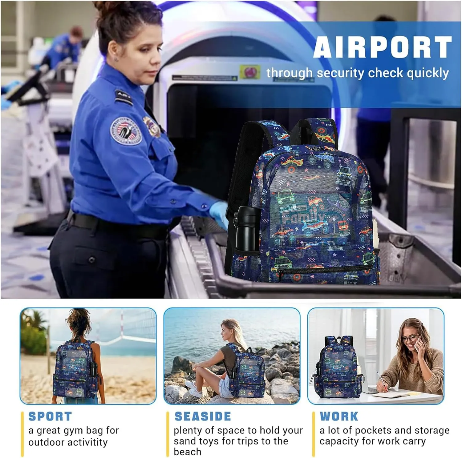 CAMTOP Mesh Backpack Kids Boys Girls Bookbag See Through Preschool Backpacks Casual Daypack for School Beach Travel Sport (Navy-Vehicle)