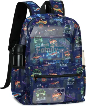 CAMTOP Mesh Backpack Kids Boys Girls Bookbag See Through Preschool Backpacks Casual Daypack for School Beach Travel Sport (Navy-Vehicle)