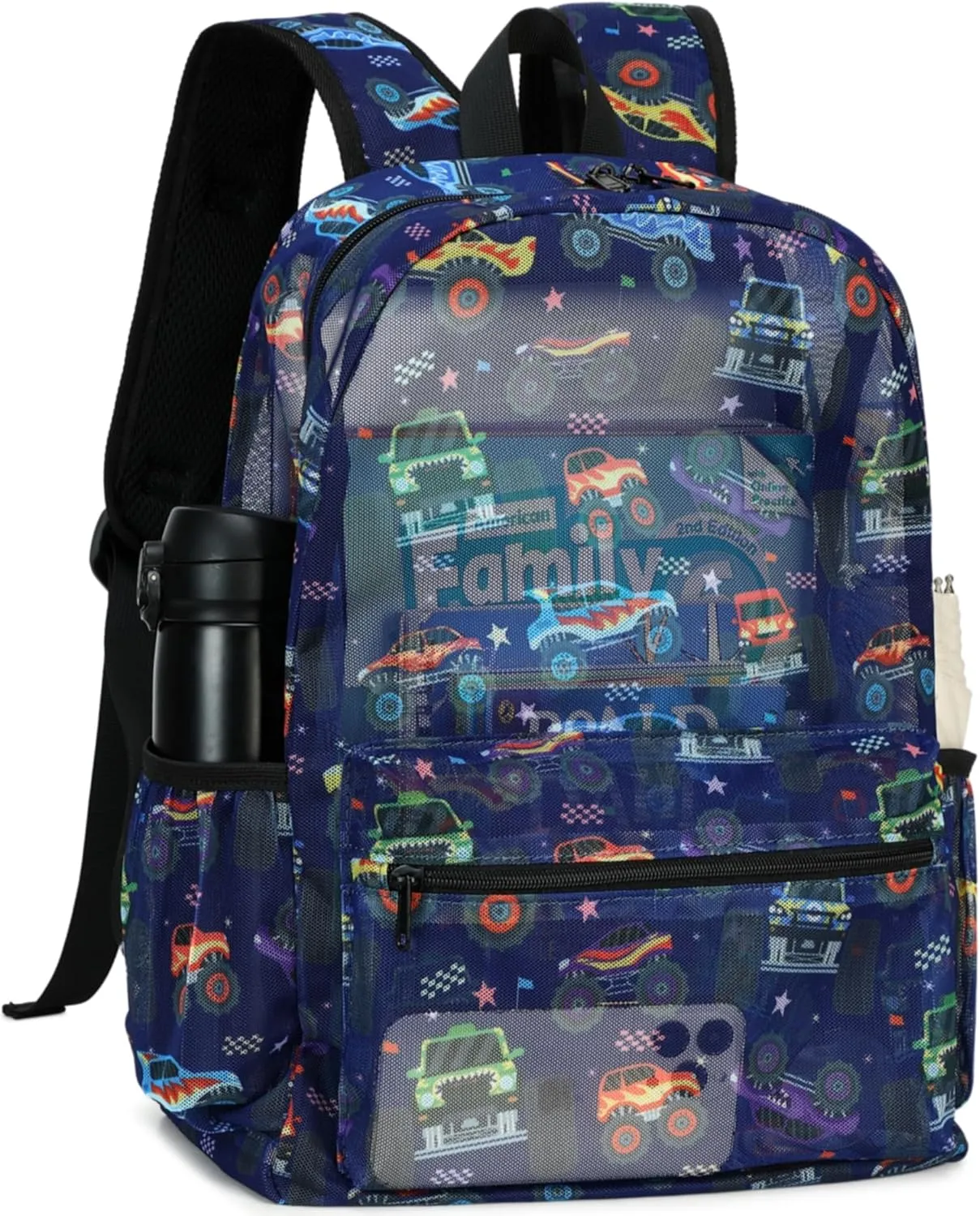 CAMTOP Mesh Backpack Kids Boys Girls Bookbag See Through Preschool Backpacks Casual Daypack for School Beach Travel Sport (Navy-Vehicle)
