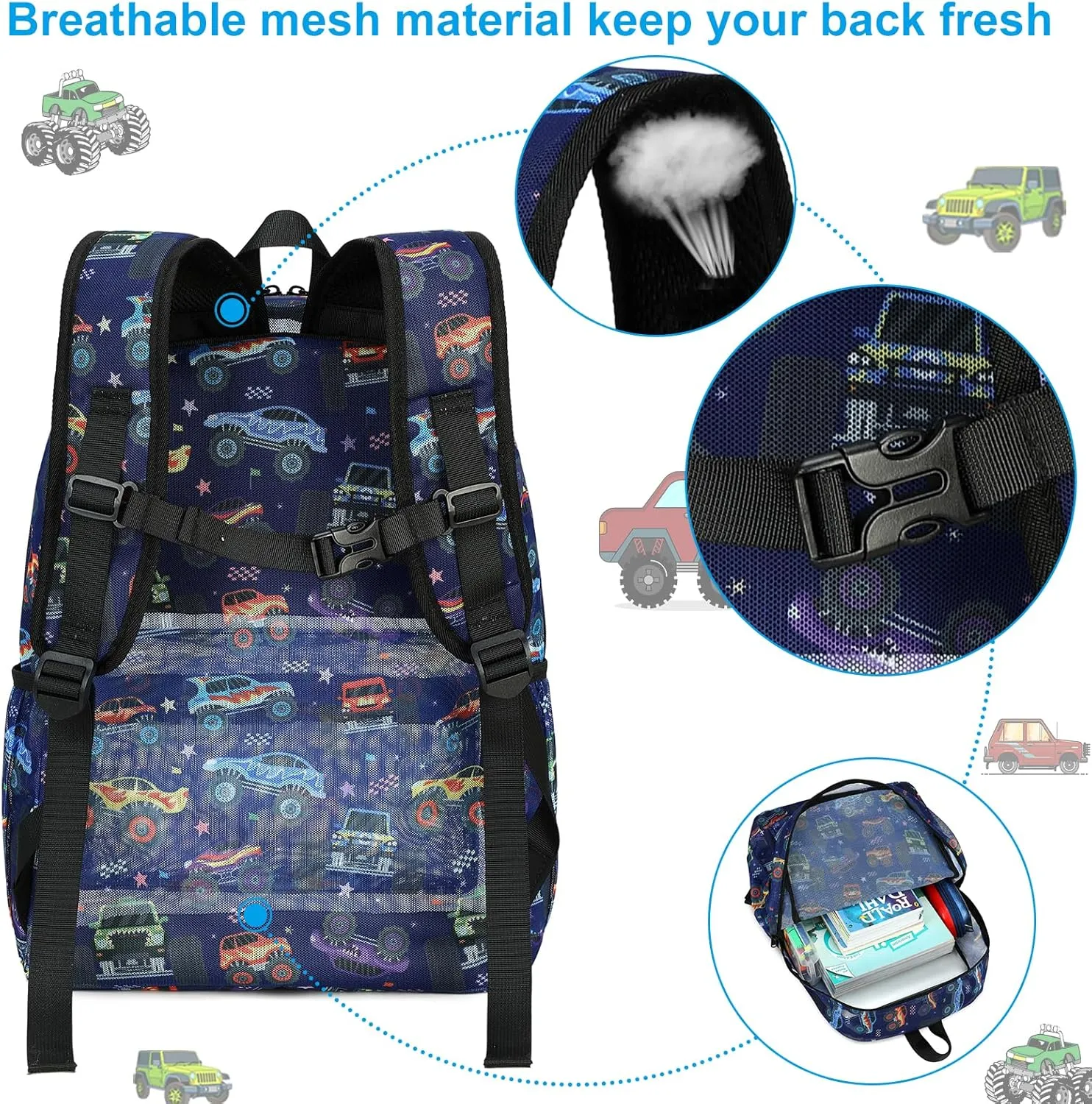 CAMTOP Mesh Backpack Kids Boys Girls Bookbag See Through Preschool Backpacks Casual Daypack for School Beach Travel Sport (Navy-Vehicle)
