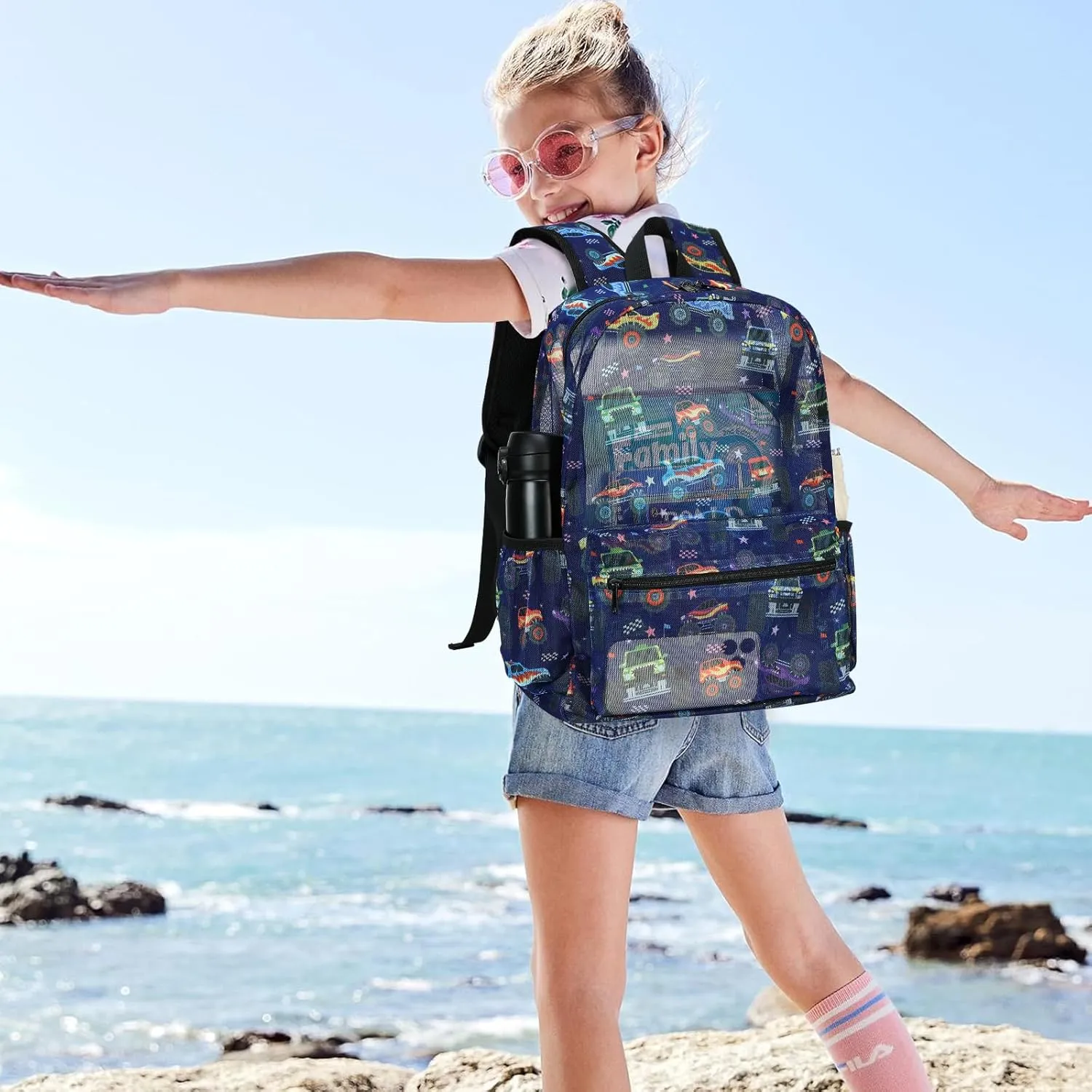 CAMTOP Mesh Backpack Kids Boys Girls Bookbag See Through Preschool Backpacks Casual Daypack for School Beach Travel Sport (Navy-Vehicle)