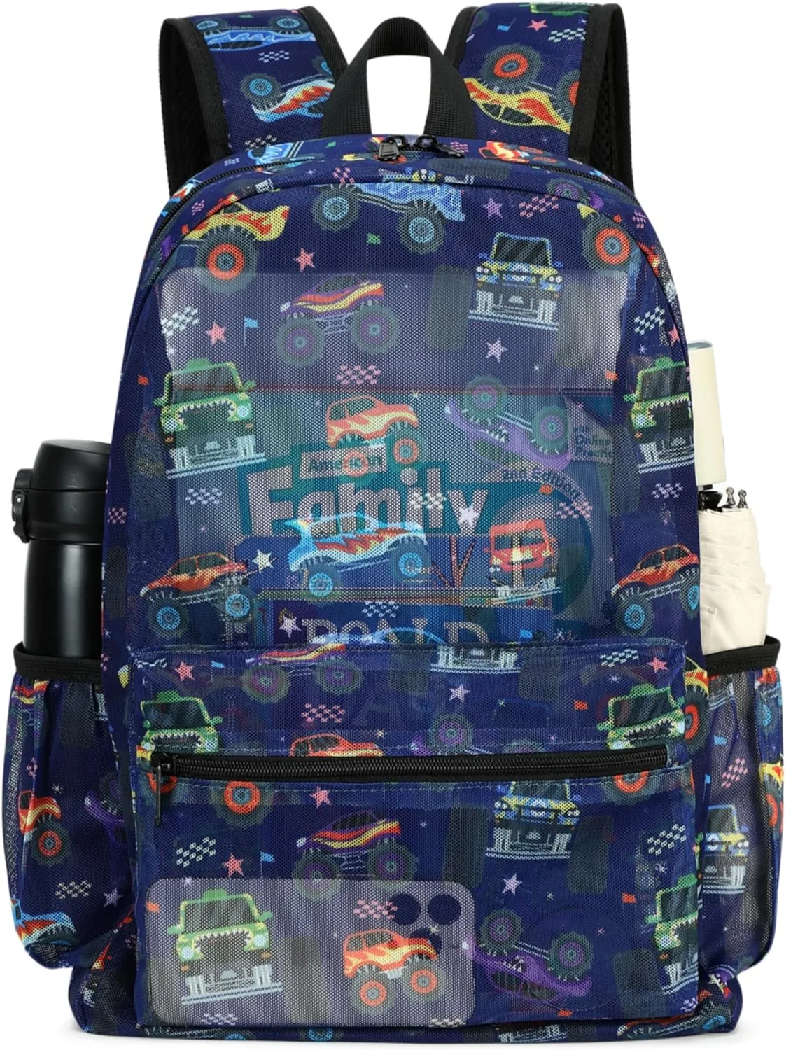 CAMTOP Mesh Backpack Kids Boys Girls Bookbag See Through Preschool Backpacks Casual Daypack for School Beach Travel Sport (Navy-Vehicle)
