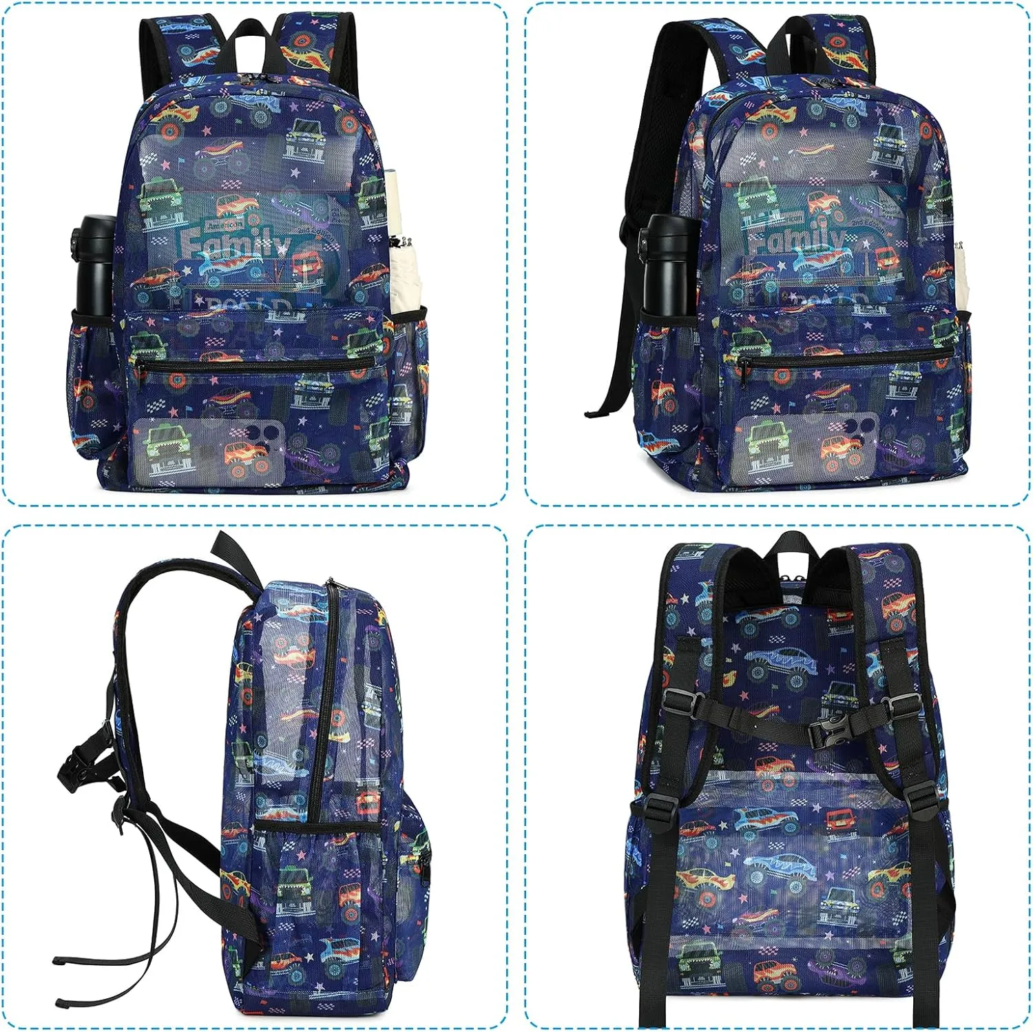 CAMTOP Mesh Backpack Kids Boys Girls Bookbag See Through Preschool Backpacks Casual Daypack for School Beach Travel Sport (Navy-Vehicle)