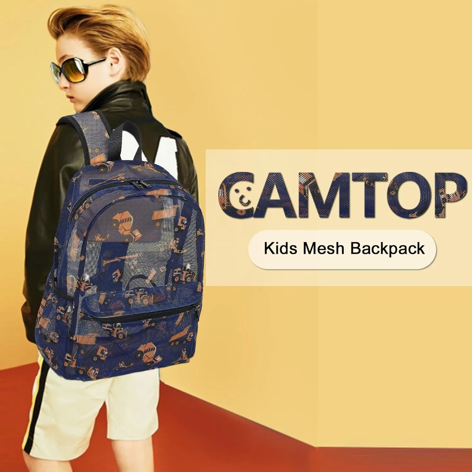 CAMTOP Mesh Backpack Kids Boys Girls Bookbag See Through Preschool Kindergarten Backpacks Casual Daypack for School Beach Travel Swim(Age 3-8 Years,Tractor)