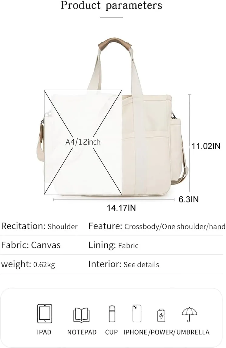 Canvas Crossbody Tote Bag with Multi Pockets for Women Work Large Handbags Shoulder Bag Messenger Bag Travel Purse