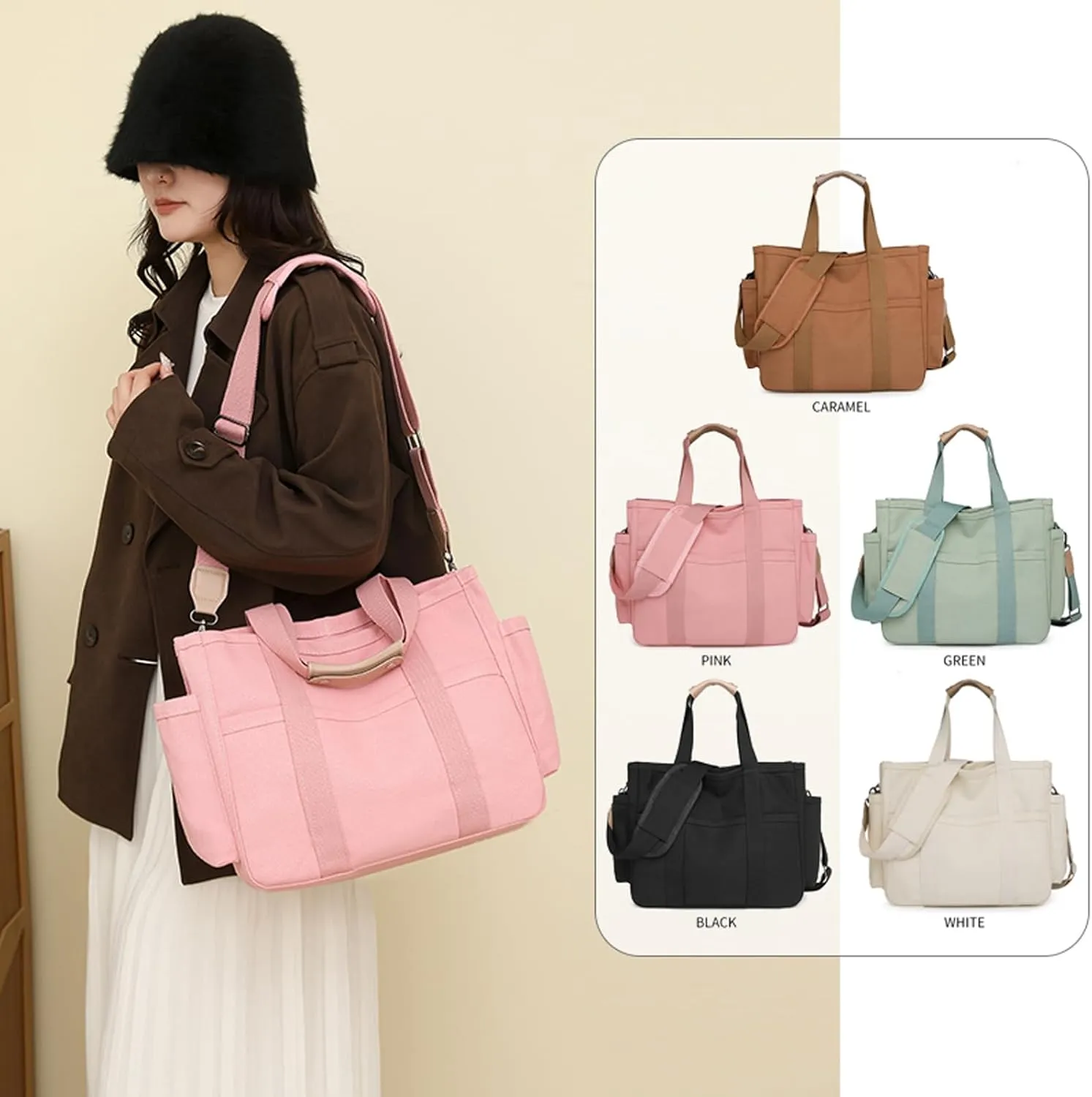 Canvas Crossbody Tote Bag with Multi Pockets for Women Work Large Handbags Shoulder Bag Messenger Bag Travel Purse