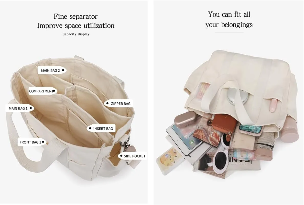 Canvas Crossbody Tote Bag with Multi Pockets for Women Work Large Handbags Shoulder Bag Messenger Bag Travel Purse