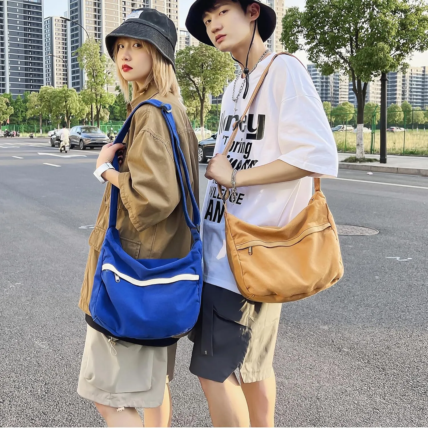 Canvas Messenger Bag Large Hobo Crossbody Bag with Zipper Casual Shoulder Tote Handbag for Women and Men