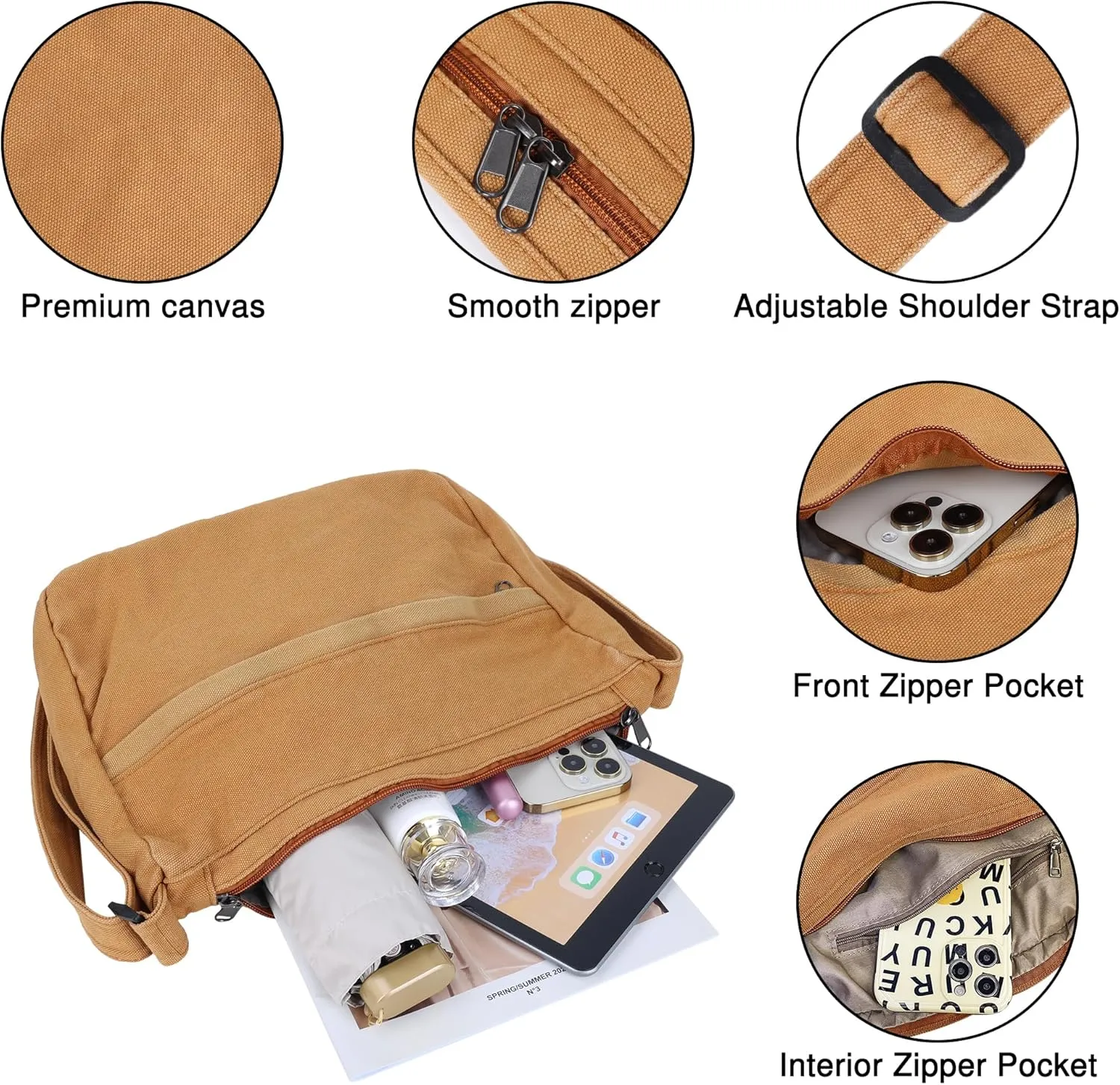 Canvas Messenger Bag Large Hobo Crossbody Bag with Zipper Casual Shoulder Tote Handbag for Women and Men