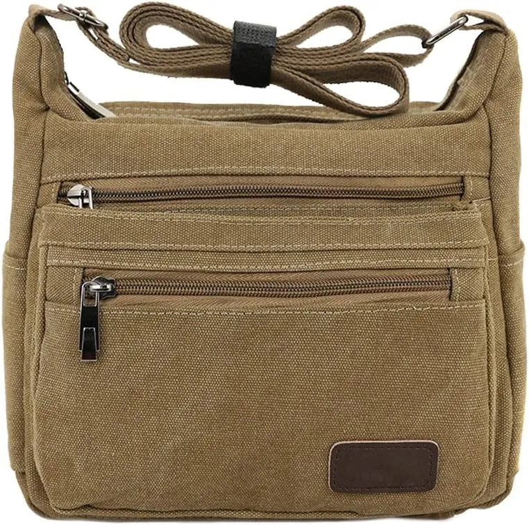 Canvas Shoulder Bag for Women and Men Messenger Handbags Cross Body Multi Zipper Pockets Bag