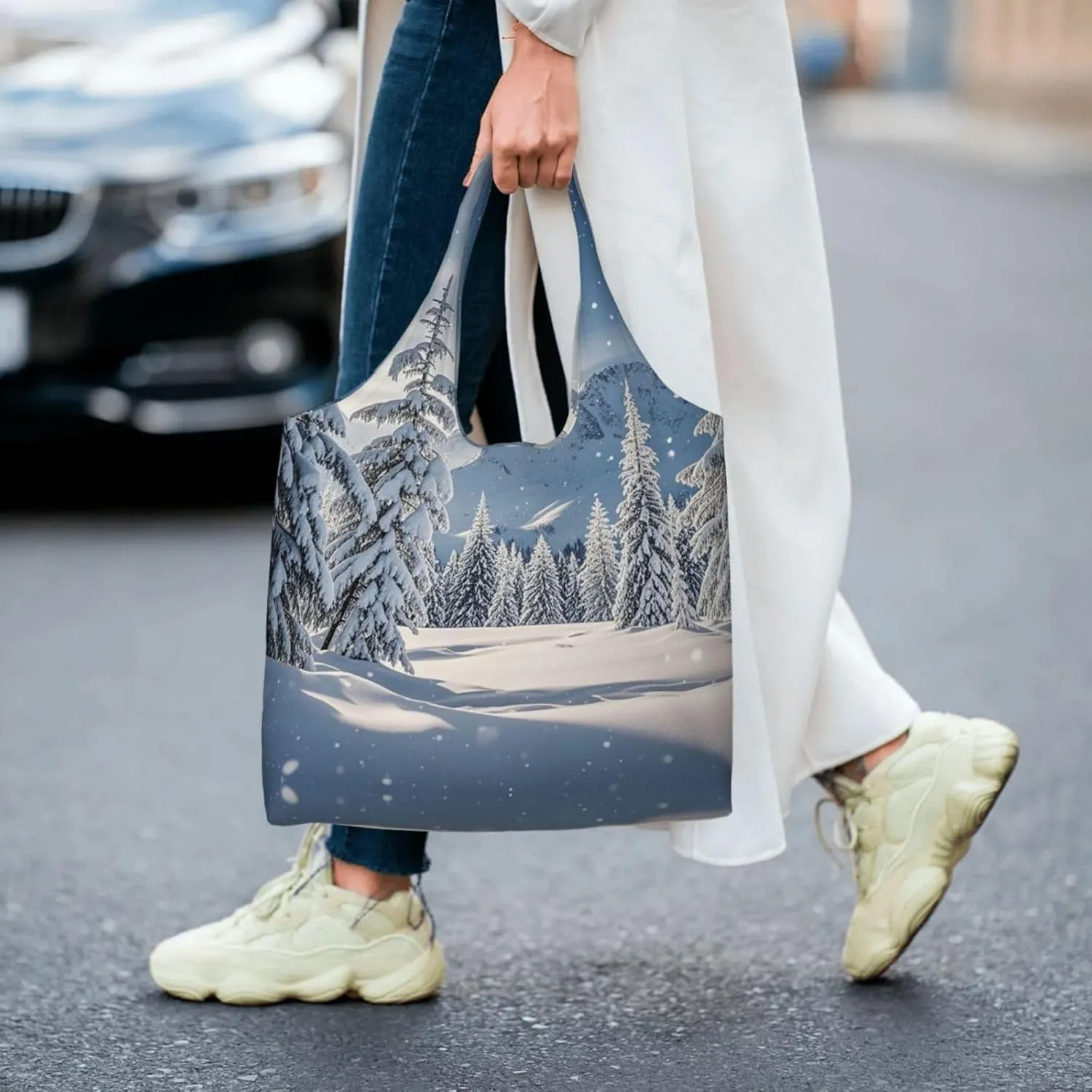Canvas Tote Bag Lightweight Reusable Grocery Shopping Bag Xmas Tree Branch Bear Doll Handbag for Women Men