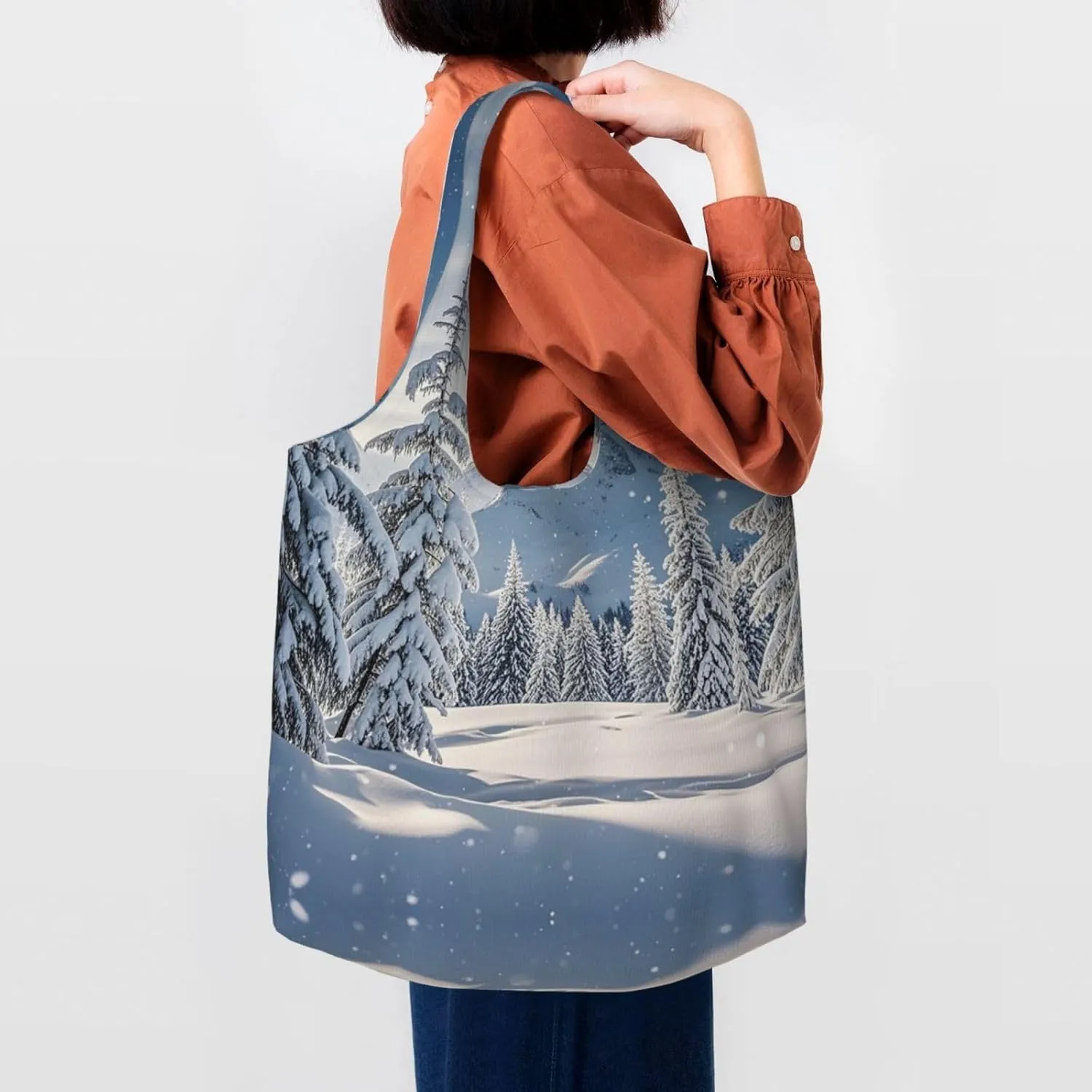Canvas Tote Bag Lightweight Reusable Grocery Shopping Bag Xmas Tree Branch Bear Doll Handbag for Women Men