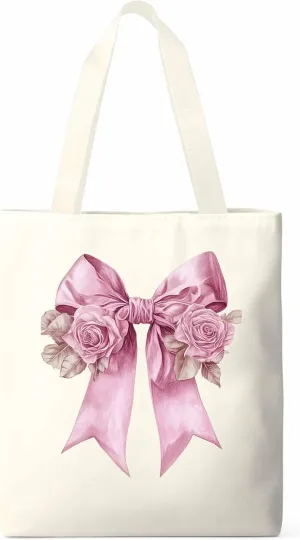 Canvas Tote Bag, Pink Valentine's Day Rose Floral Aesthetic Canvas Tote Handbags for Women Shoulder Bag