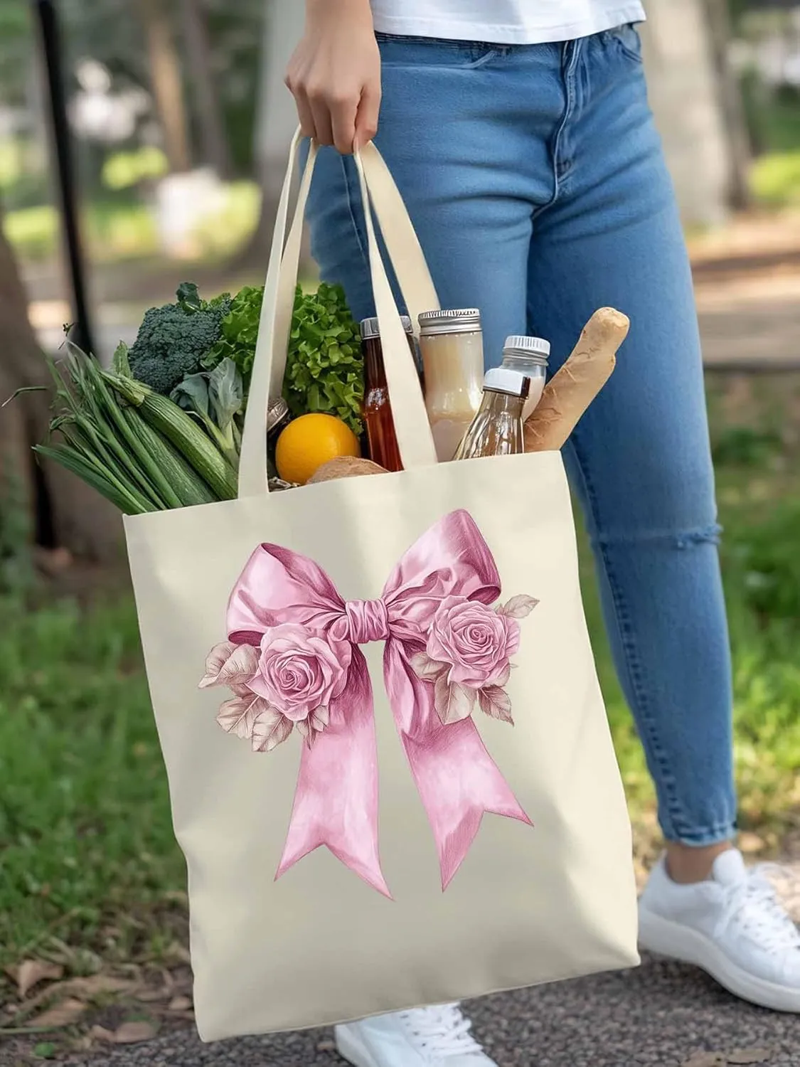 Canvas Tote Bag, Pink Valentine's Day Rose Floral Aesthetic Canvas Tote Handbags for Women Shoulder Bag